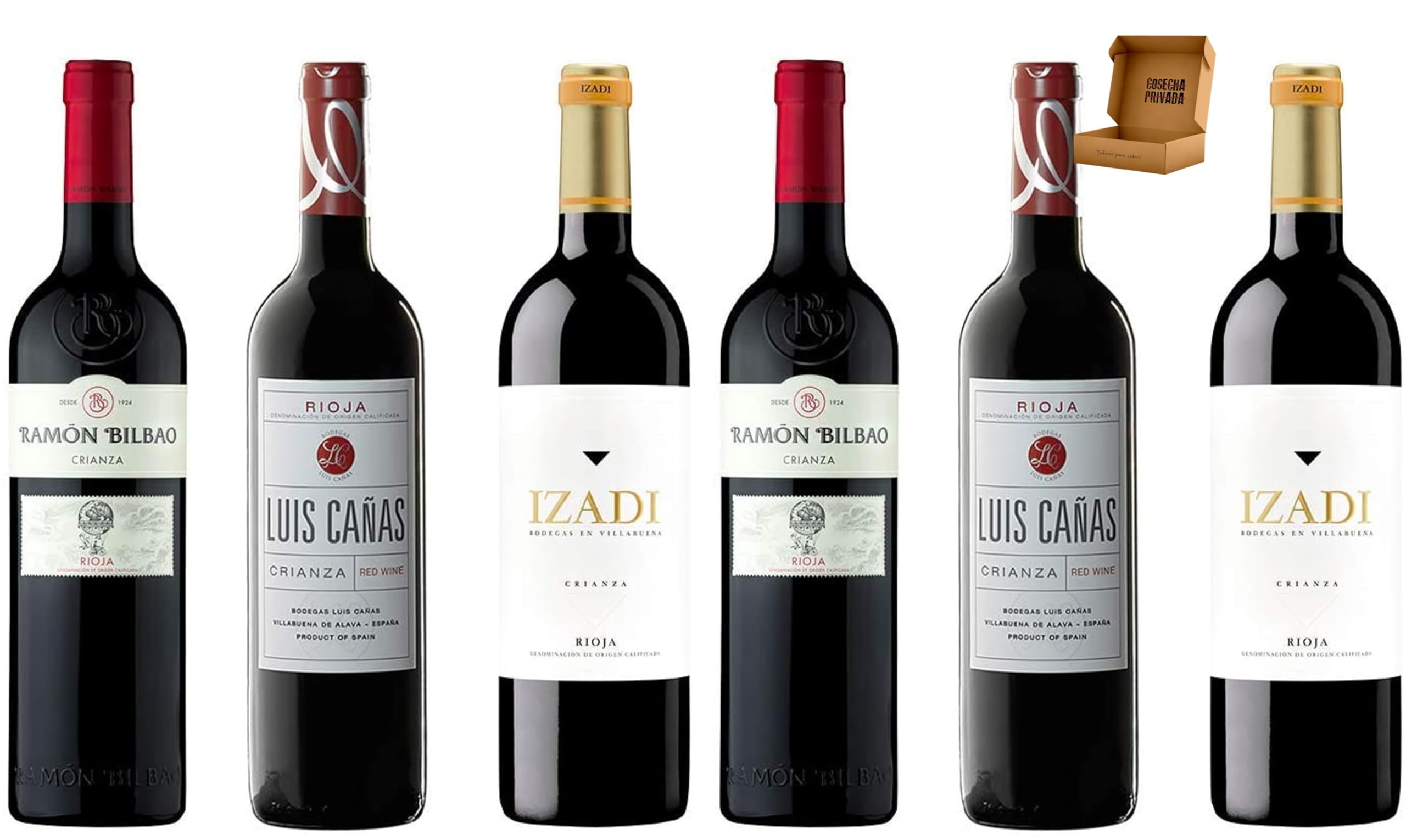 Pack Vinos Rioja - Envio 24h - 2 x Ramón Bilbao Crianza, 2 x Luis Caña Crianza, 2 Izadi Crianza - Vinos Regalo - Caja/Cesta de Navidad de Cosecha Privada (6 x Botella 75 cl, Lote 2.02)