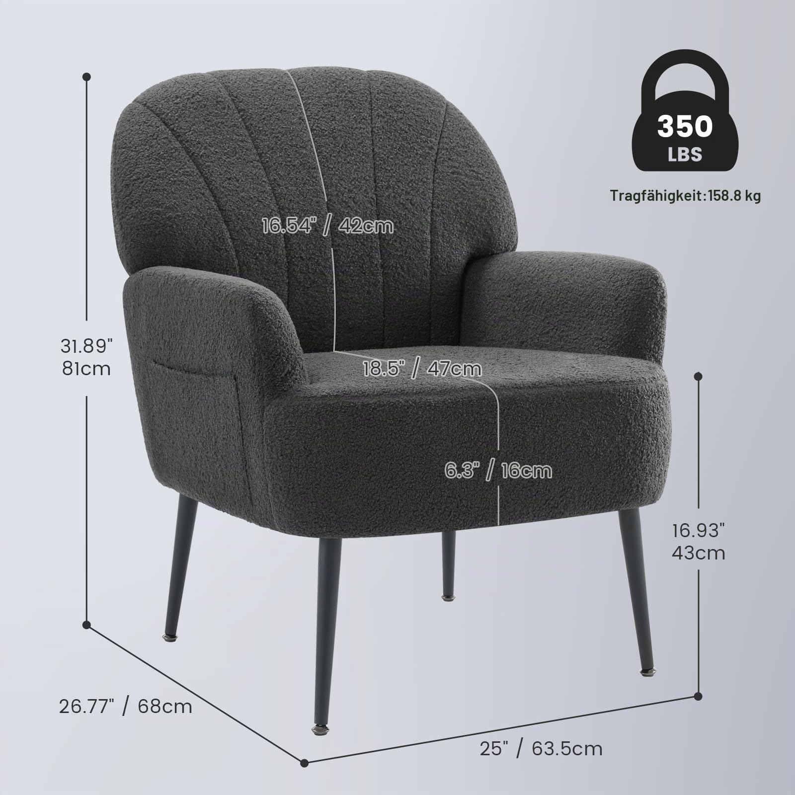 IWMH Sessel Schlafzimmer Wohnzimmer, Kunstfell Loungesessel Bequemer mit Armlehnen und Einer Seitentasche, stühle Gemütlich, polstersessel Lesesessel mit Metallbeinen (Grau)