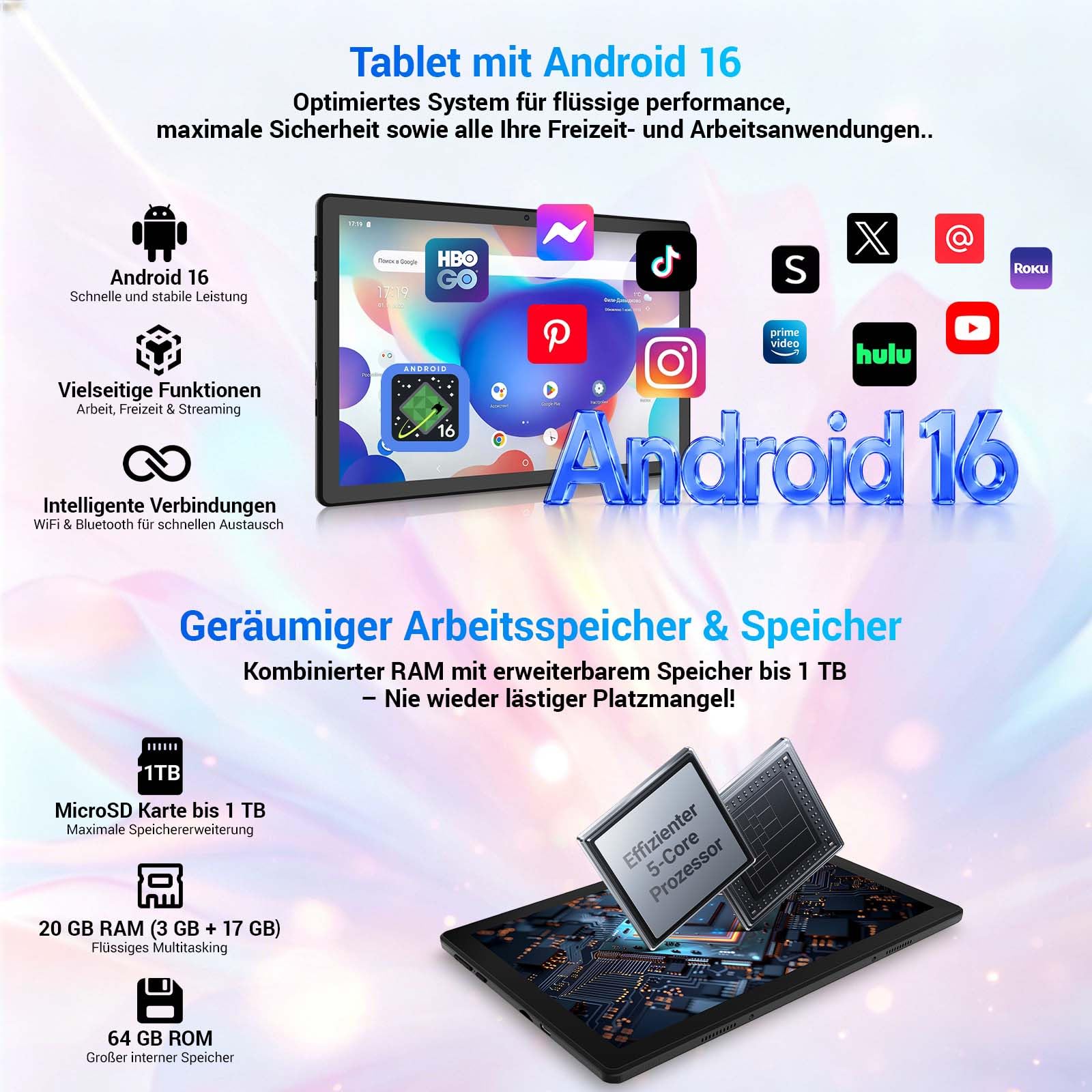 Tablet 10 Zoll Android 16 Tablets PC mit Schutzhülle Tastatur Maus Stift Kopfhörer Netzteil Kabel 20 GB RAM 64 GB ROM IPS 1280x800 Dual-Kamera 5 MP+8 MP 5000 mAh WiFi 6 BT 5.4 (Schwarz)