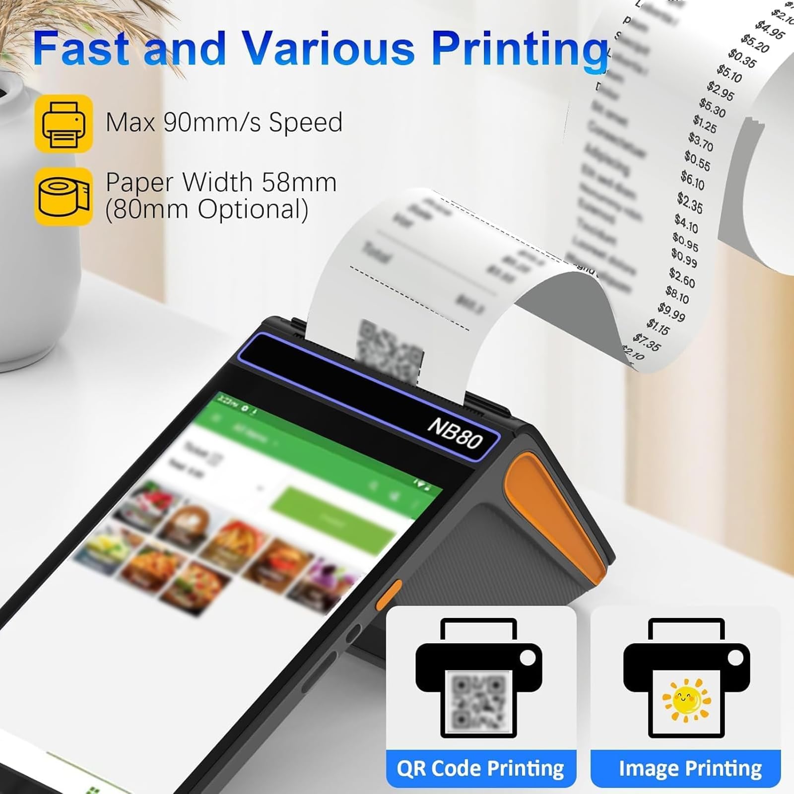 Terminale POS con touch screen da 8 pollici, stampante per ricevute da 58 mm, connettività 4G e WiFi, scanner di codici a barre e funzionalità NFC