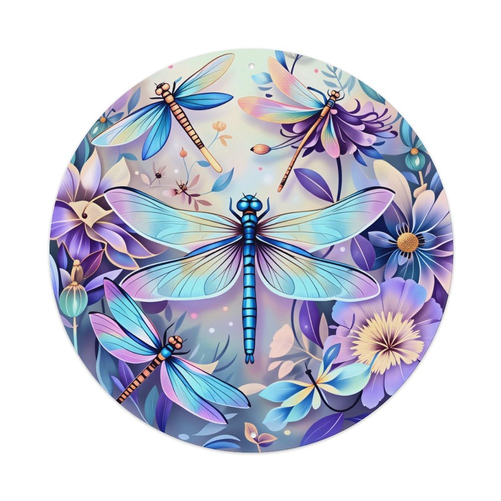 Dragonfly Floral Pattern Print Art Round Tin Sign Vintage Metal Poster Retro Bar, Home, Man Cave, Kitchen, Laundry Room Wall Art Decor Gift 8x8Inch