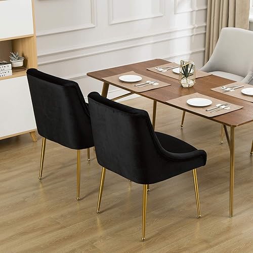 Miniatura 7 de ZHENGHAO Juego de 2 sillas de comedor negras tapizadas con patas doradas, sillas de terciopelo modernas para sala de estar, cocina, cena, patio,