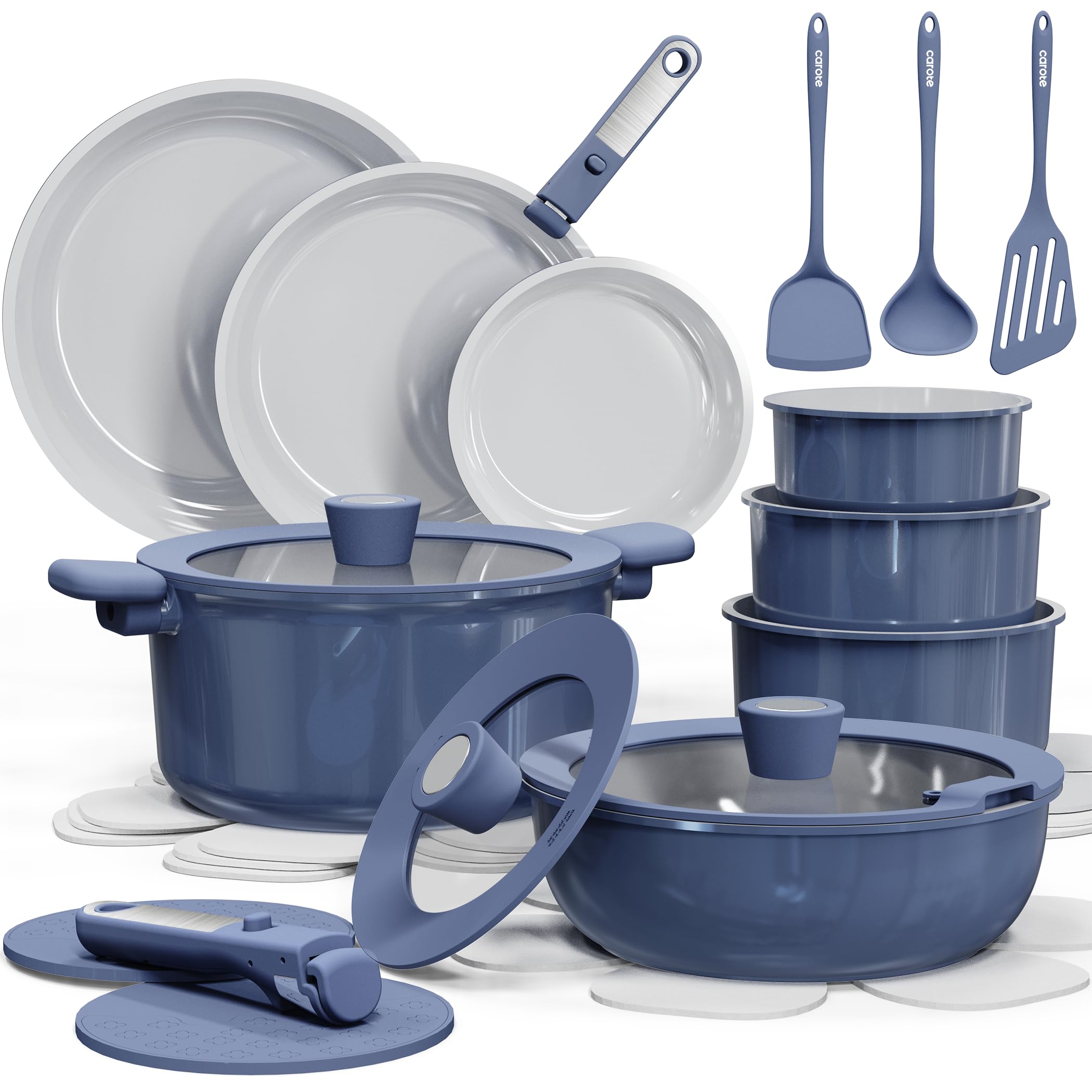 carote 25pcs ceramic cookware set, pots and pans set non stick, induction kitchen sets, non stick rv cookware with detachable handle, dishwasher/oven safe cookware set, navy
