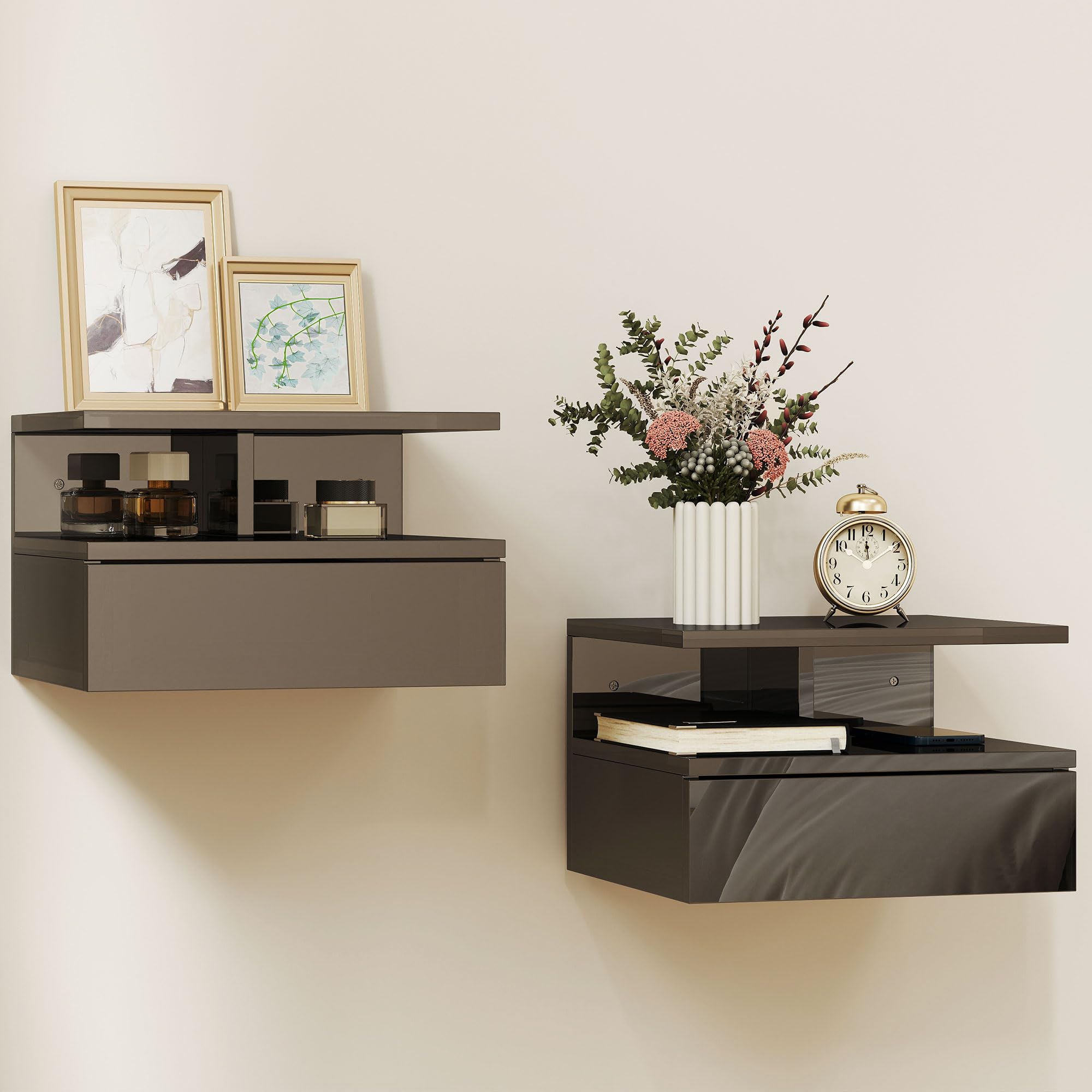 HOMCOM Set 2 Tables Nuit suspendues compactes 35x32x22.5 Noir Brillant