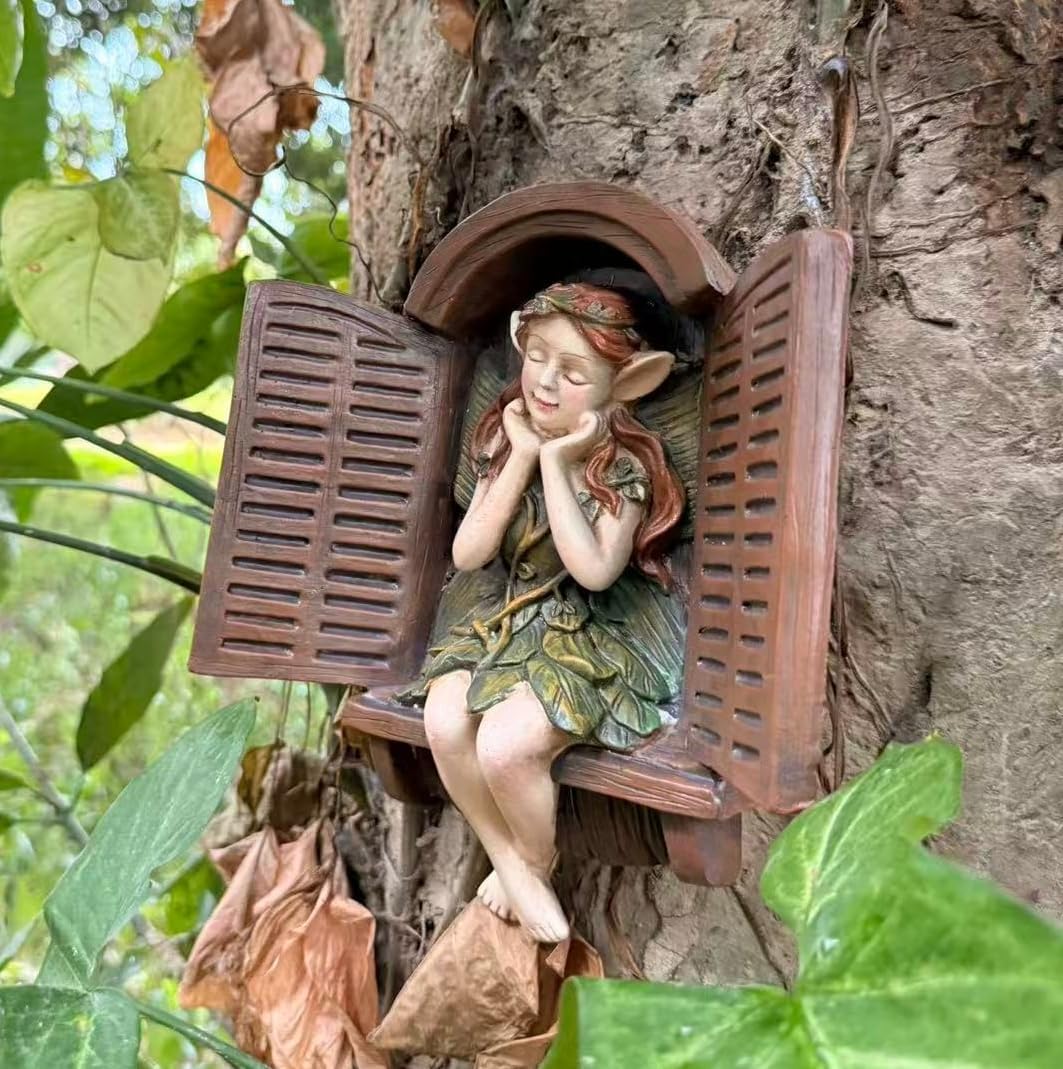 coolboy Flower Fairy Statue Tree Face Outside Yard Art Outdoor Statue,Elf Out of The Window Tree Decor and Yard Decorations, Whimsical Fairy Garden Sculptures & Statues, Fairy Tree Peeker Ornaments