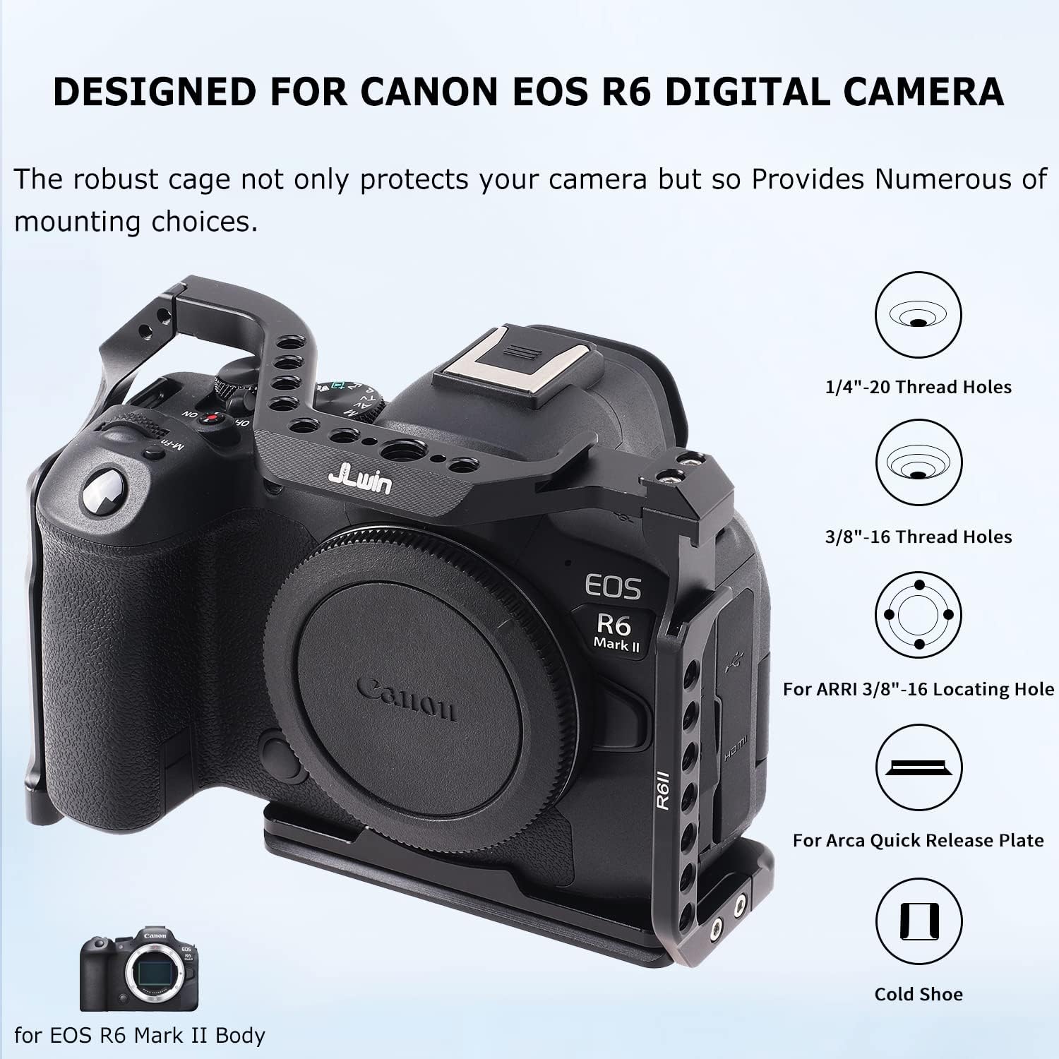 Foto4easy Camera Cage for Canon EOS R6 Mark II,Aluminum Alloy R6II Cage Rig with Arca-Swiss Quick Release Plate Cold Shoe and 1/4" & 3/8" Screw Hole for Microphone Monitor LED Light Camera Accessories
