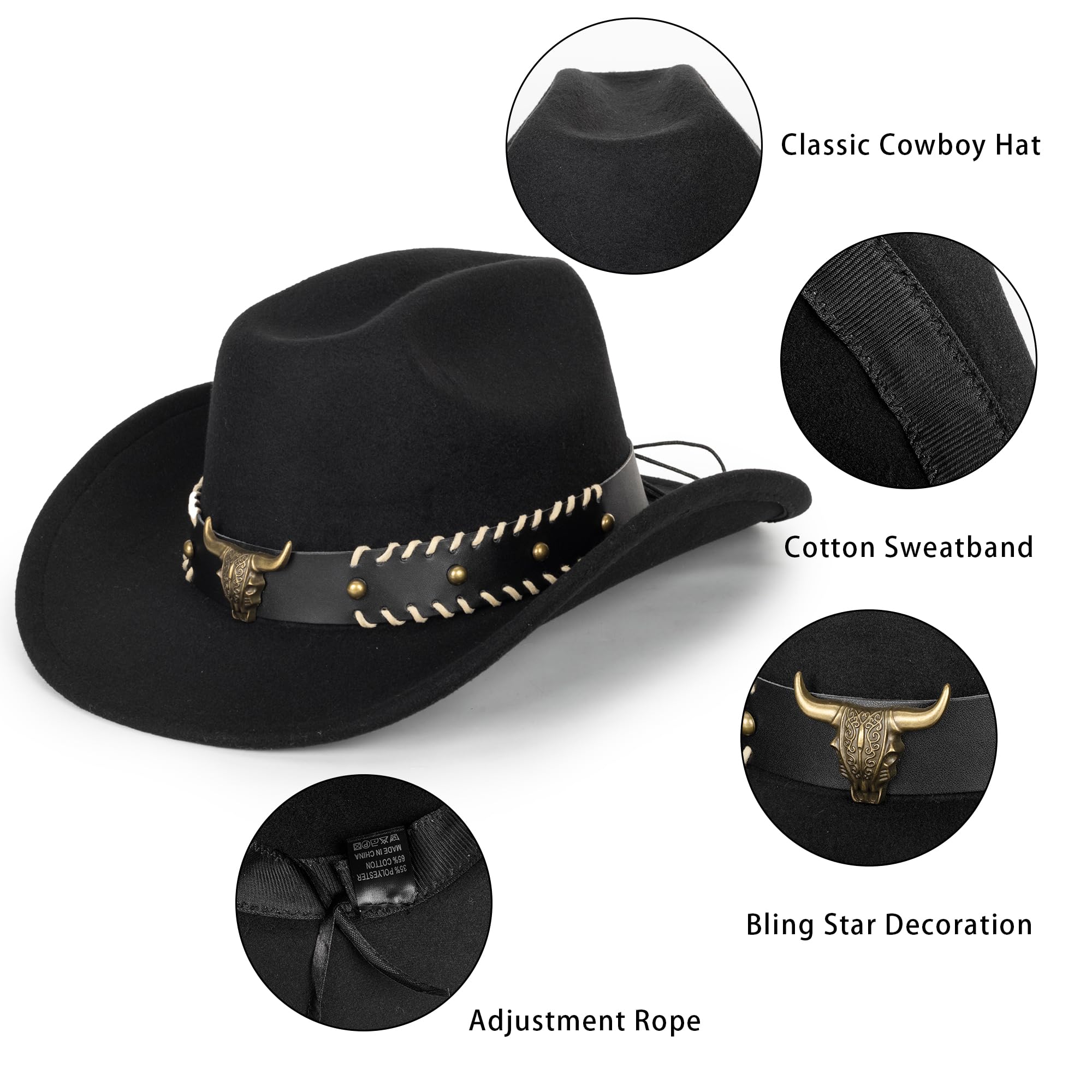 Eohak Cappello da cowboy occidentale modellabile per uomini e donne in feltro cappello Fedora Outback Cowgirl Jazz cappelli con fibbia per cintura M/L