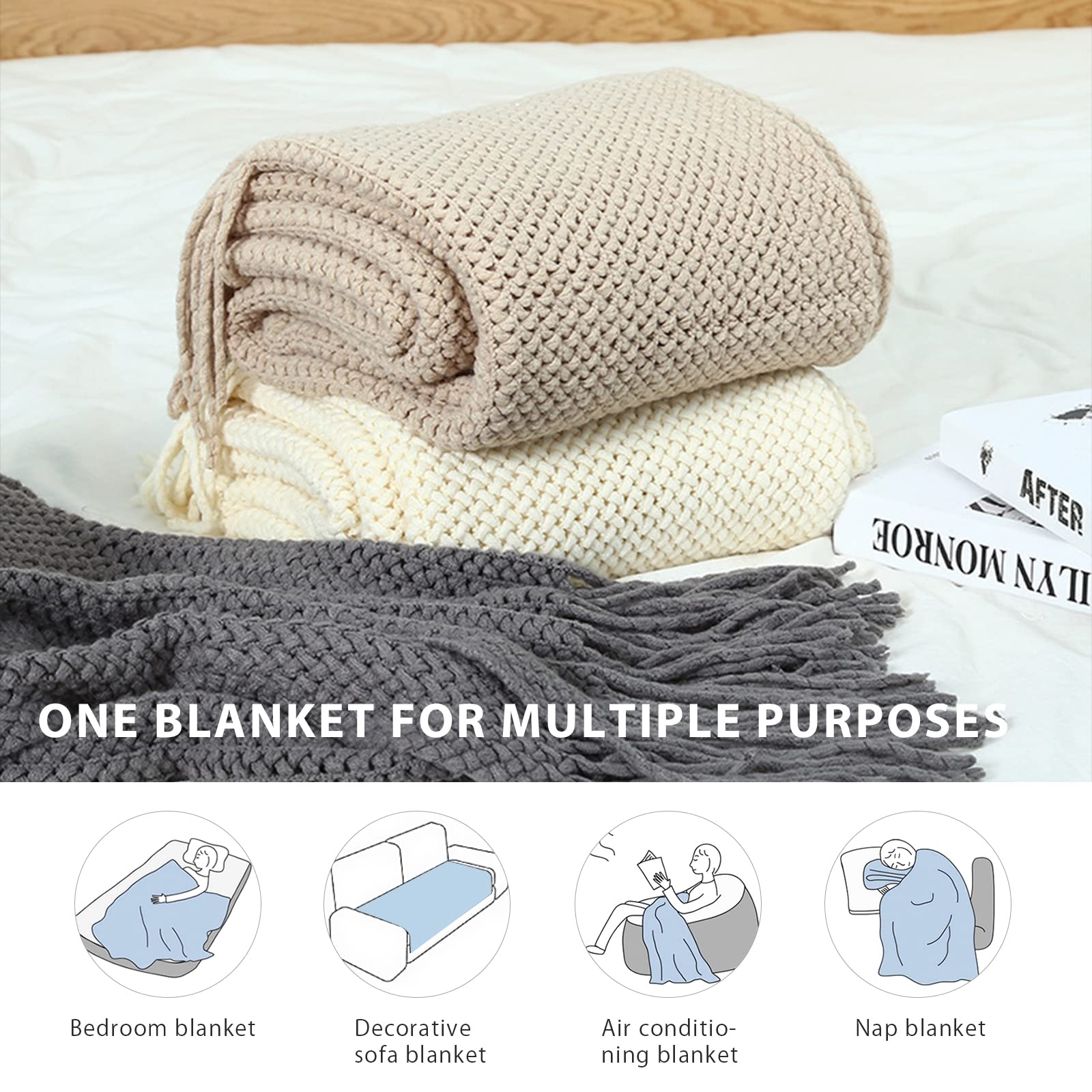 LumiSyne Strickdecke Mit Quaste Atmungsaktiv Zellulare Decke Nordisch Stil Weich Kuscheldecke Überwurf Tagesdecke Dekorative Decke Für Sofa Bett Sessel Stuhl