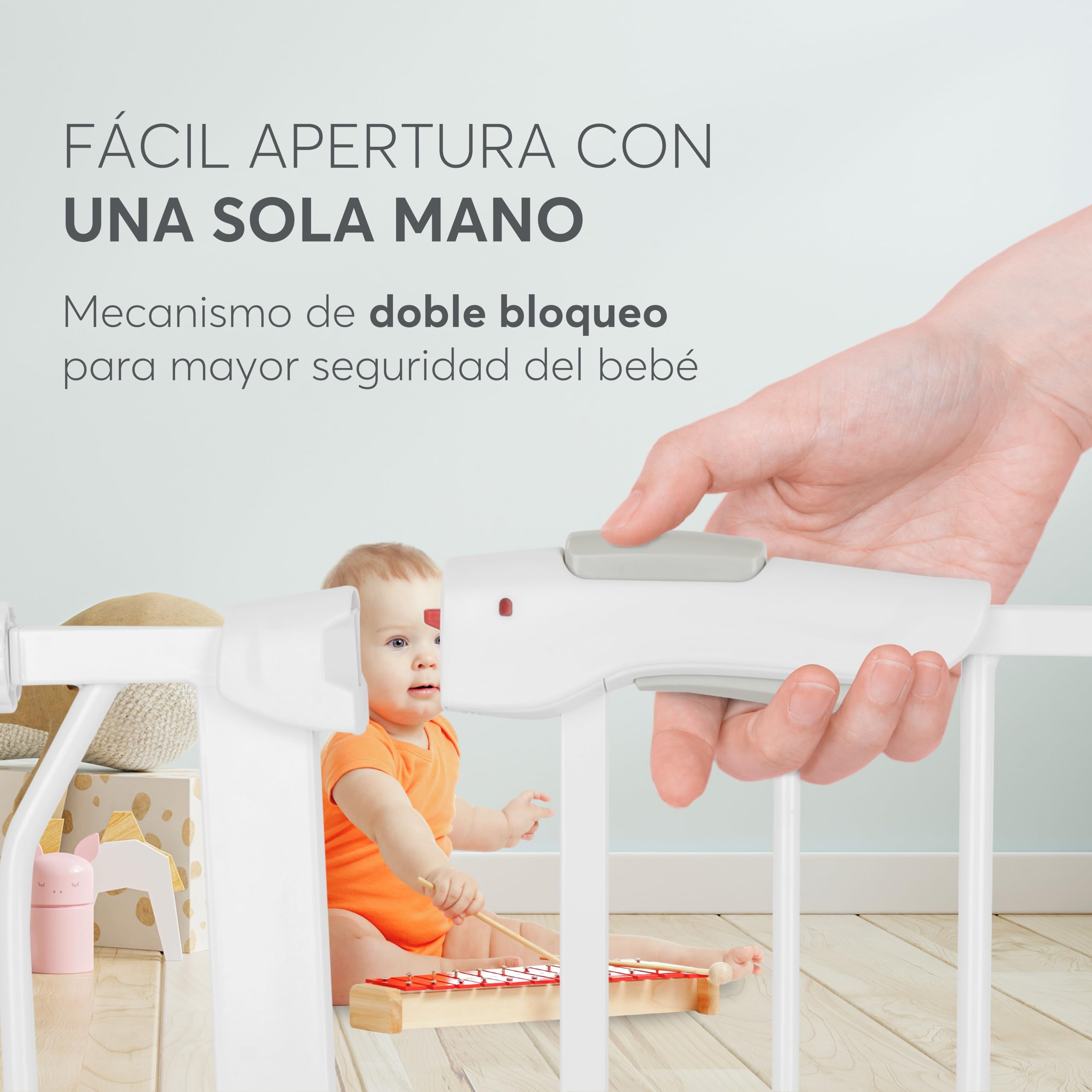 KikkaBoo Barrera de Seguridad de Niños para Puertas y Escaleras All Safe, Valla Seguridad Infantil, Cierre Automático, Extensible 125 cm, Barandilla Escalera, Fácil de Instalar, Blanco