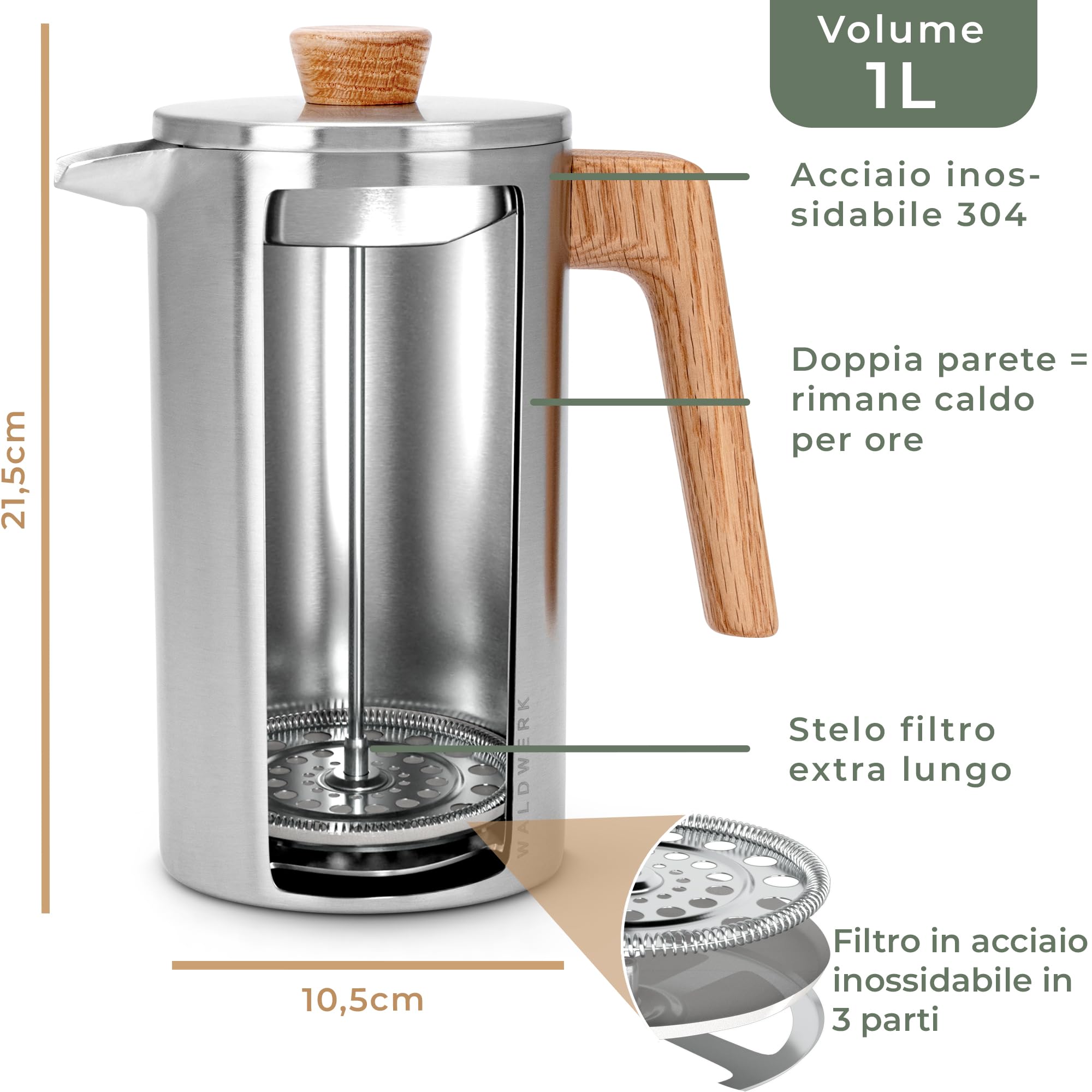 WALDWERK French Press (1L) – Caffettiera napoletana in acciaio inox a doppia parete con manico in legno di quercia – Orziera - Tisaniera Infusiera senza plastica