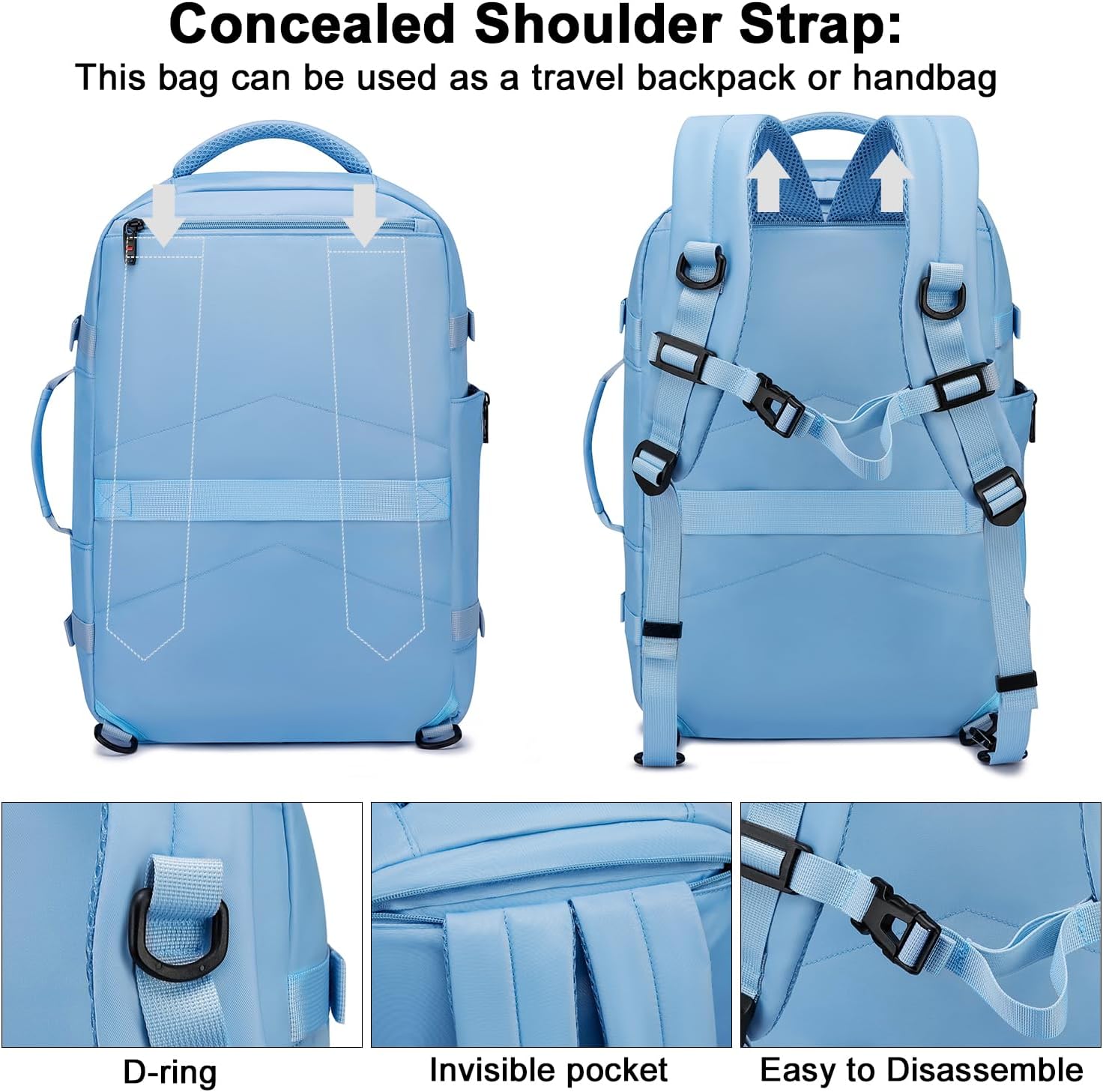 Asenlin Travel Backpack for Women Men,Flight Approved Carry On Luggage 30L Water Resistant Business Laptop Backpacks Fits TSA 15.6 Inch Computer College Weekender Outdoor Hiking-Light Blue image 4