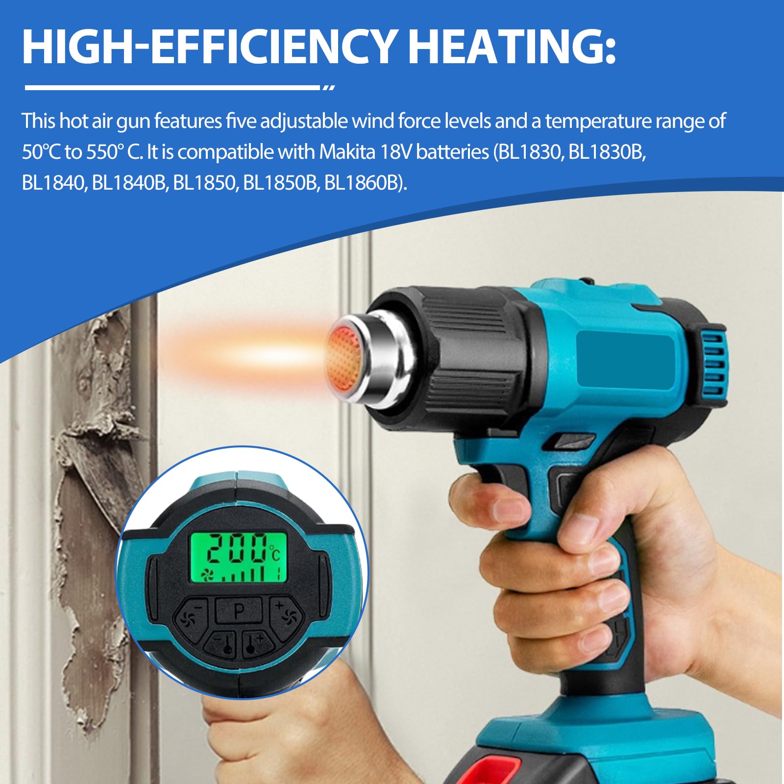 Pistola ad aria calda a batteria per 18 V, 50 – 550 °C, con display LCD e 5 ugelli in acciaio inox, temperatura regolabile e controllo dell'aria, pistola termica per restringimento, rimozione fai da