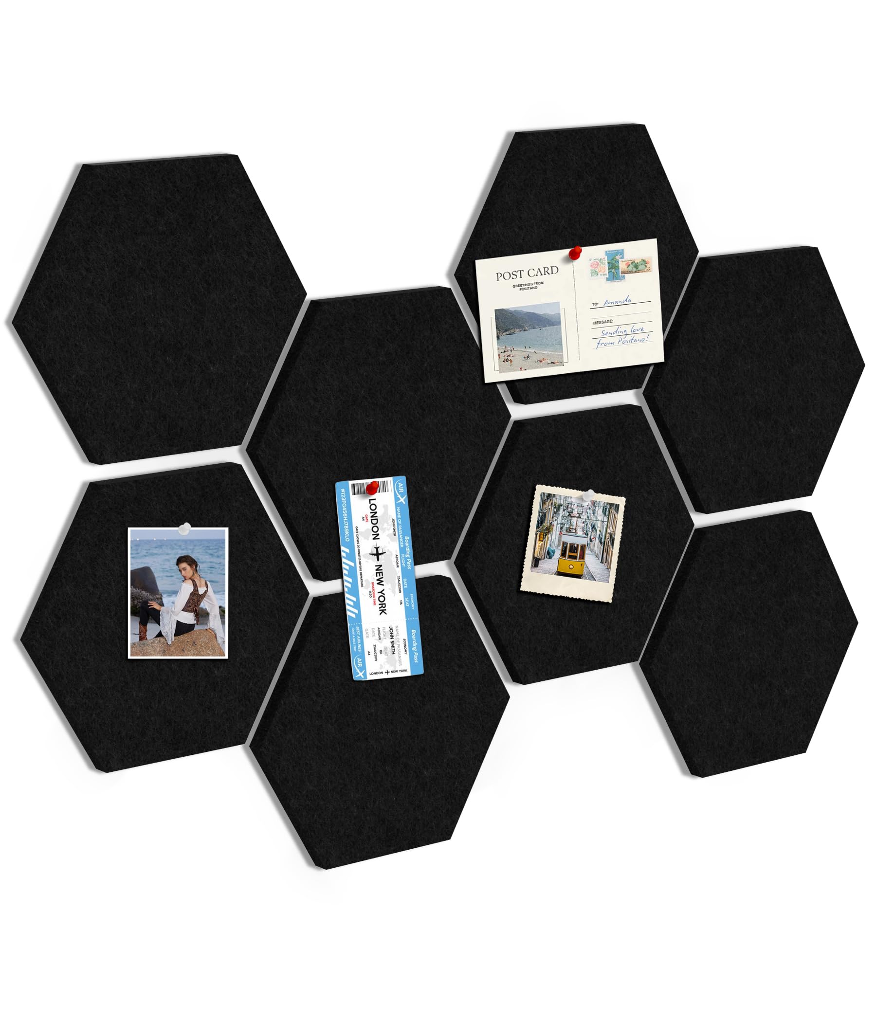 Toptople Large Hexagon Cork Board for Office, 8-Pack Felt Pin Board Tiles for Walls, Bulletin Notice Board with Push Pins for Photos, Black