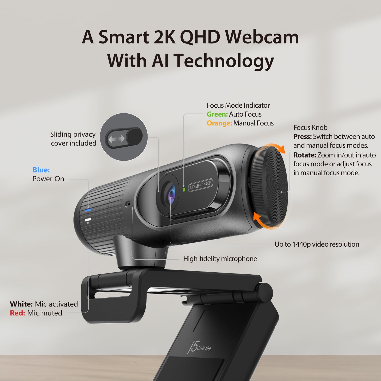 j5create Cámara Web 2K a 60 FPS con Encuadre por IA, Enfoque automático, micrófono de Alta fidelidad, Cubierta de privacidad y Soporte Extensible, Compatible con Zoom/Teams/Meet (JVU302)