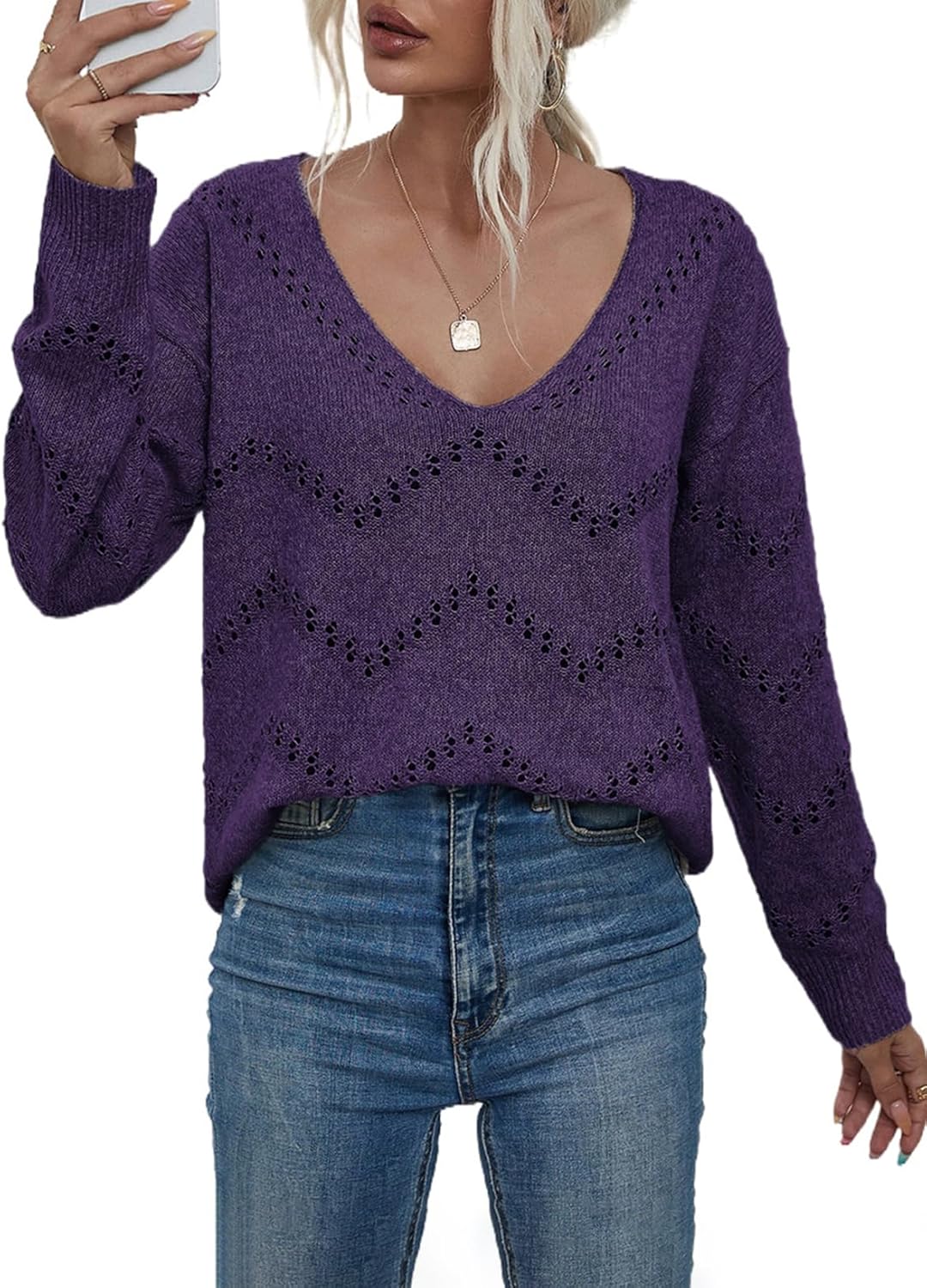 EVALESS Women's Crochet Sweater Top Hollow Out Long Sleeve Pullover Tops Fall Outfits Fashion 2025