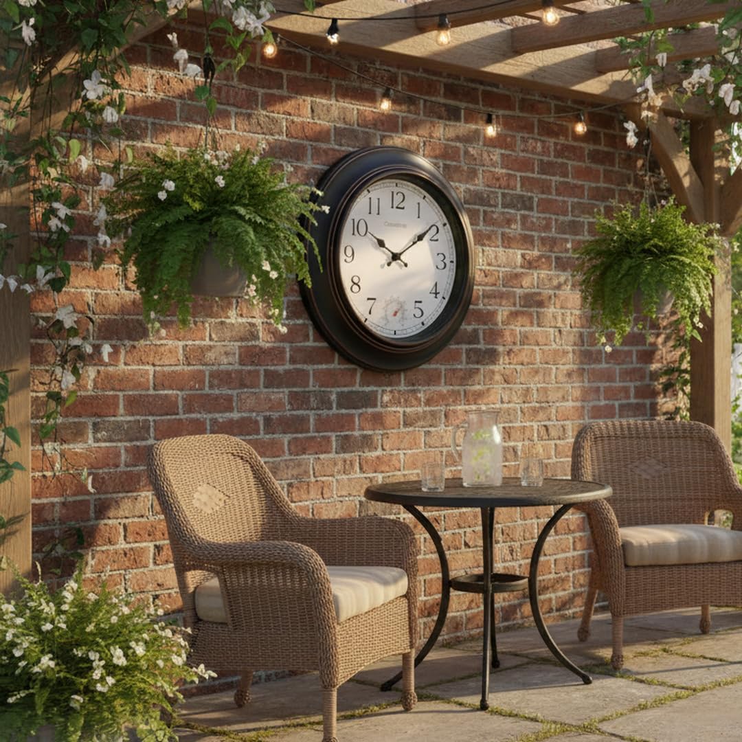 Large Outdoor Clock Waterproof 18" - Retro Indoor Outdoor Wall Clocks with Thermometer for Patio Pool Garden Living Room Decor,Bronze