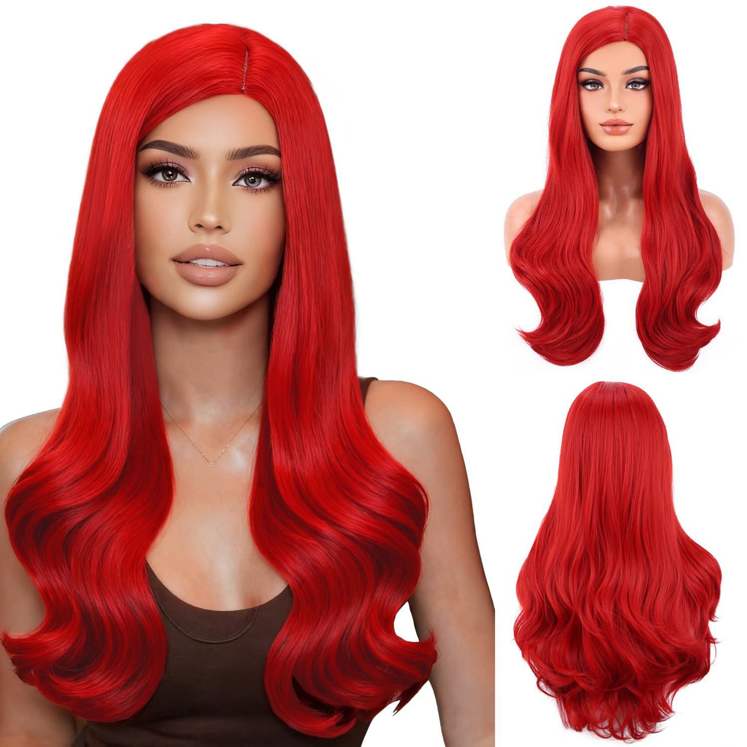 RightOn Red Wig Long Wavy Wig Red Wavy Wigs for Women Cospaly Party Daily Hairnet Include