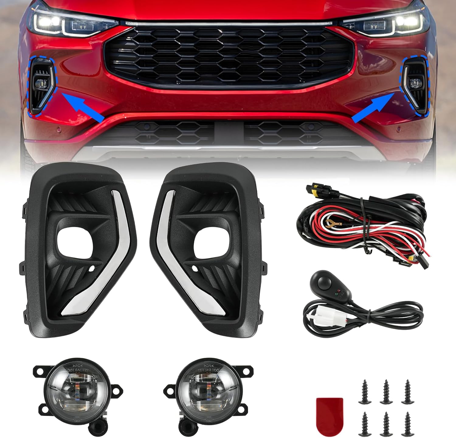 LED A Pair Fog Light Assembly Fit for 2023 2024 2025 Ford Escape Front Bumper Lamp With Wire Harness Bulbs Cover Bezels Kit Driving Lamps W/Switch Bracket Set