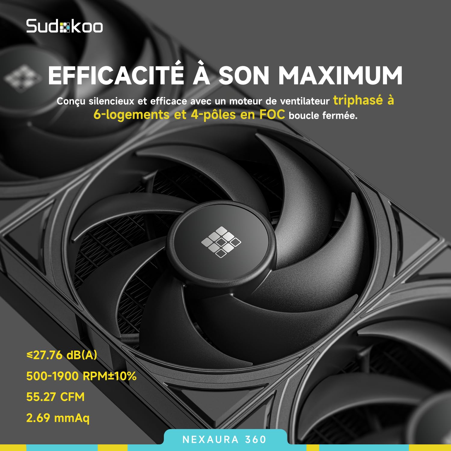 Sudokoo NEXAURA 360 Refroidisseur Liquide de CPU, Watercooling avec Pompe PWM, Tête de Pompe ARGB, TDP 300W, Ventilateurs FDB, Intel LGA 1851/1700/1200/115X AMD AM5/AM4