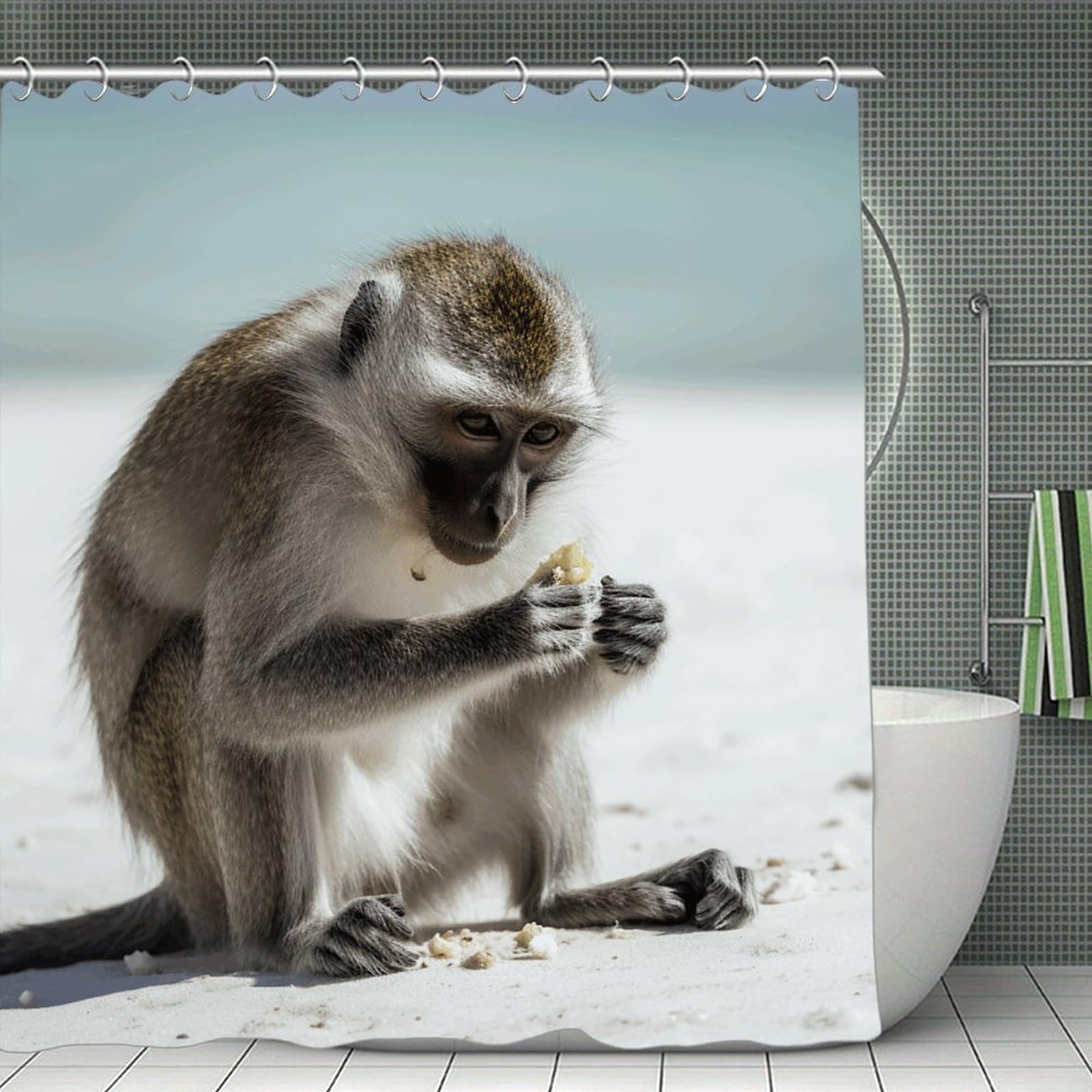 QMNLKH Monkey on The Ground Shower Curtain with Hooks, Waterproof Bath Curtains for Bathroom, Lightweight Bath Curtains Liner for Hotel, Personalized Bath Curtain for Spa, 70.8 Inch