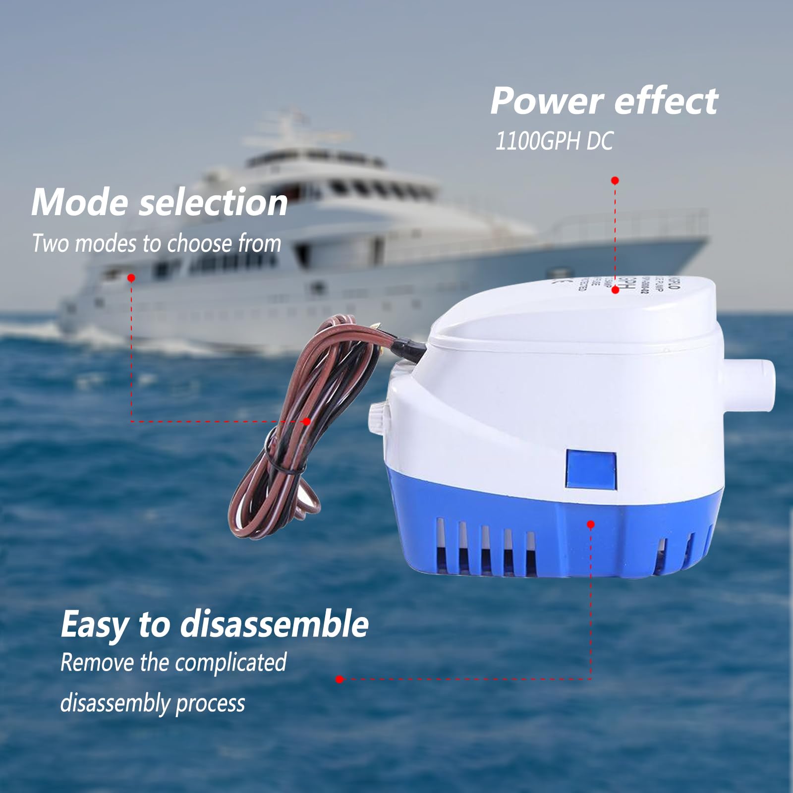 Pompa di sentina automatica per barca, 12 V, silenziosa, 1100 GPH, con interruttore galleggiante integrato, accessorio per barca subacquea