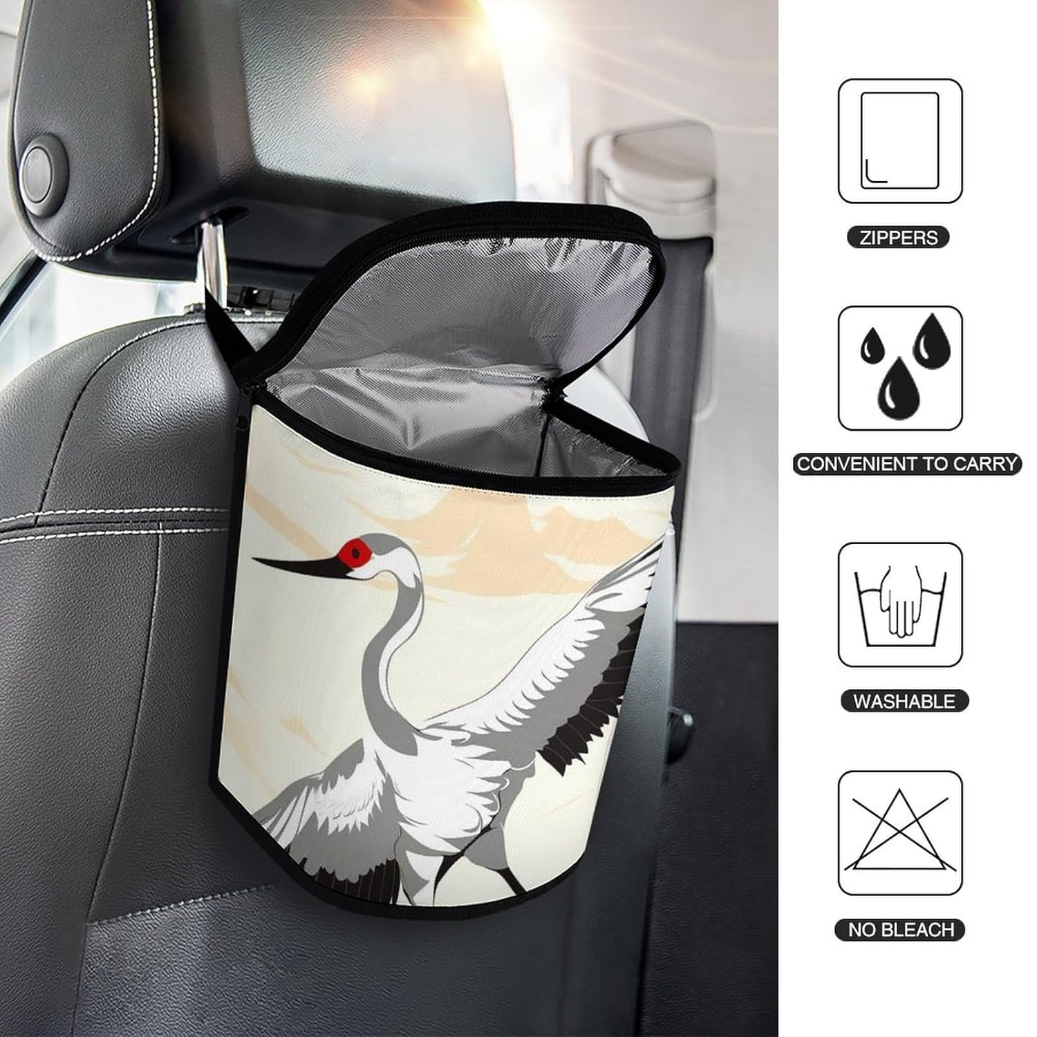 Hanging Car Trash Bag Japanese Crane Printed Car Garbage Storage Bag Leakproof Car Trash Can Portable Garbage Storage Bags