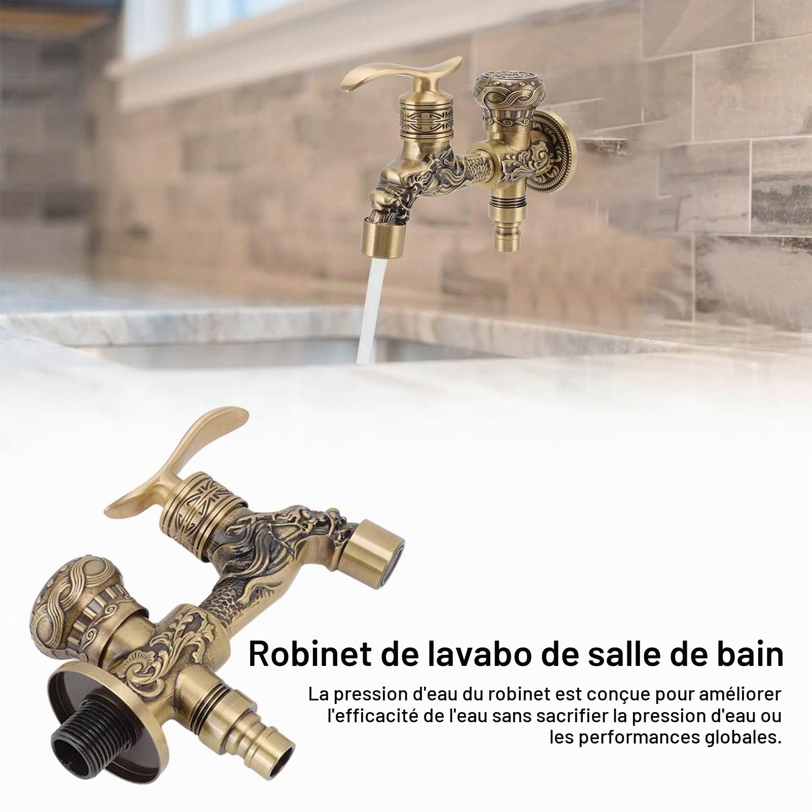 Garosa Robinet de Jardin Extérieur en Cuivre Pur, 2 Poignées, 2 Trous, Couleur Cuivre Antique, Filetage Femelle G1/2, pour Tuyau d'Arrosage, Buanderie, Salle de Bain | Robinet de jardin extérieur en cuivre, 2 poignées, design dragon antique, pour tuyau ar