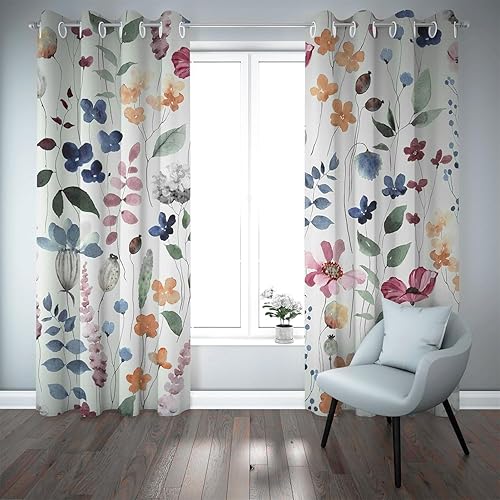 Cortinas opacas florales de 84 pulgadas de largo, 2 paneles de hojas de flores azul salvaje, beige y morado, cortinas de oscurecimiento con