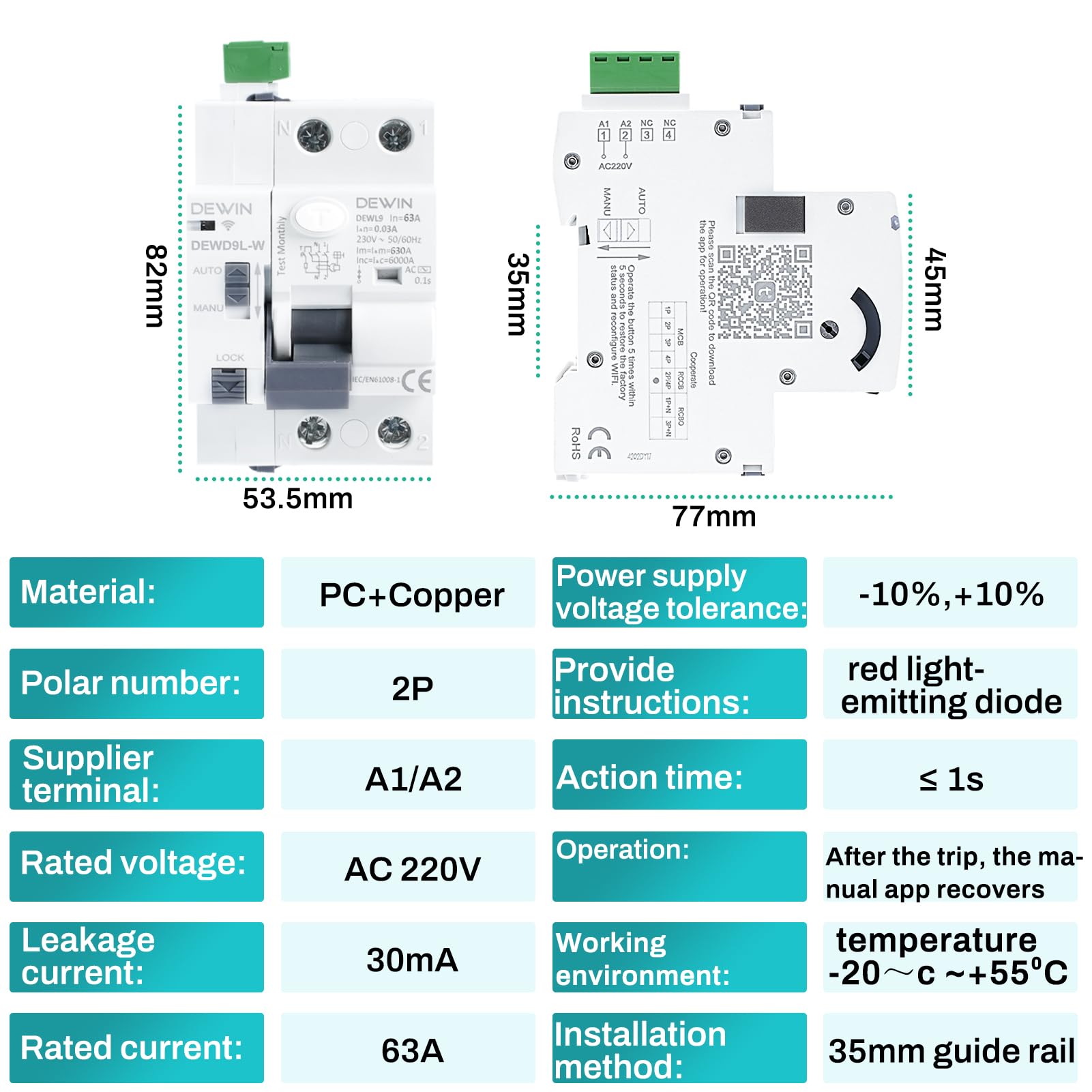 DEWIN Interruttore Magnetotermico Differenziale WiFi 63A 30mA 2P AC220V Salvavita MCB/RCCB,Il reset e la disconnessione possono essere controllati dall'applicazione.Oppure reimpostare manualmente.