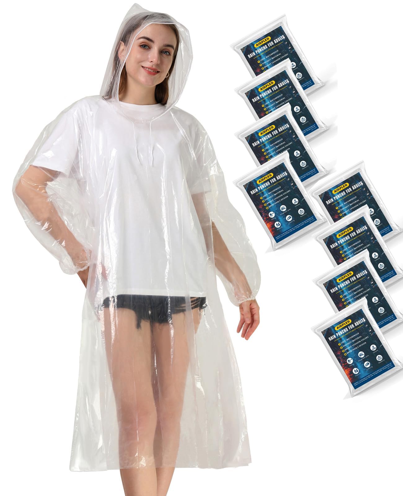 Disposable Rain Ponchos for Adults, Clear Poncho with Hood, Emergency raincoats for Hiking, Camping, Travel