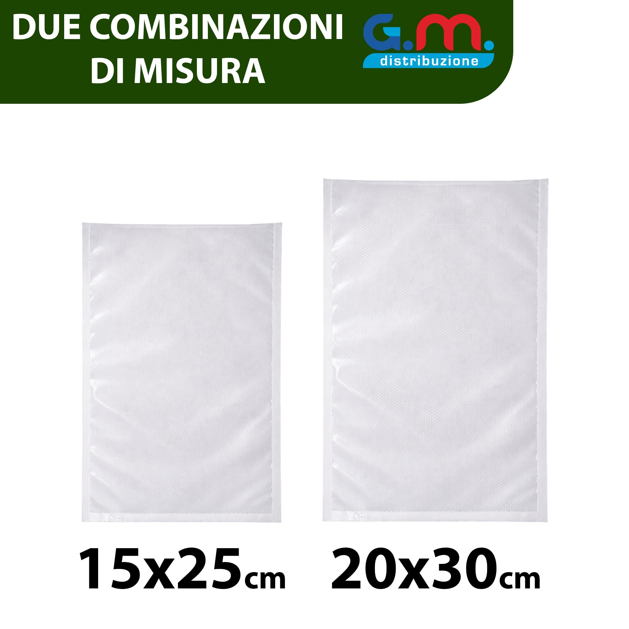 GM 100 Sacchetti Sottovuoto Goffrati per Alimenti 15x25(50) 20x30(50) Buste Sottovuoto Adatte per Cottura Bassa Temperatura, per tutte le Macchine, Senza BPA