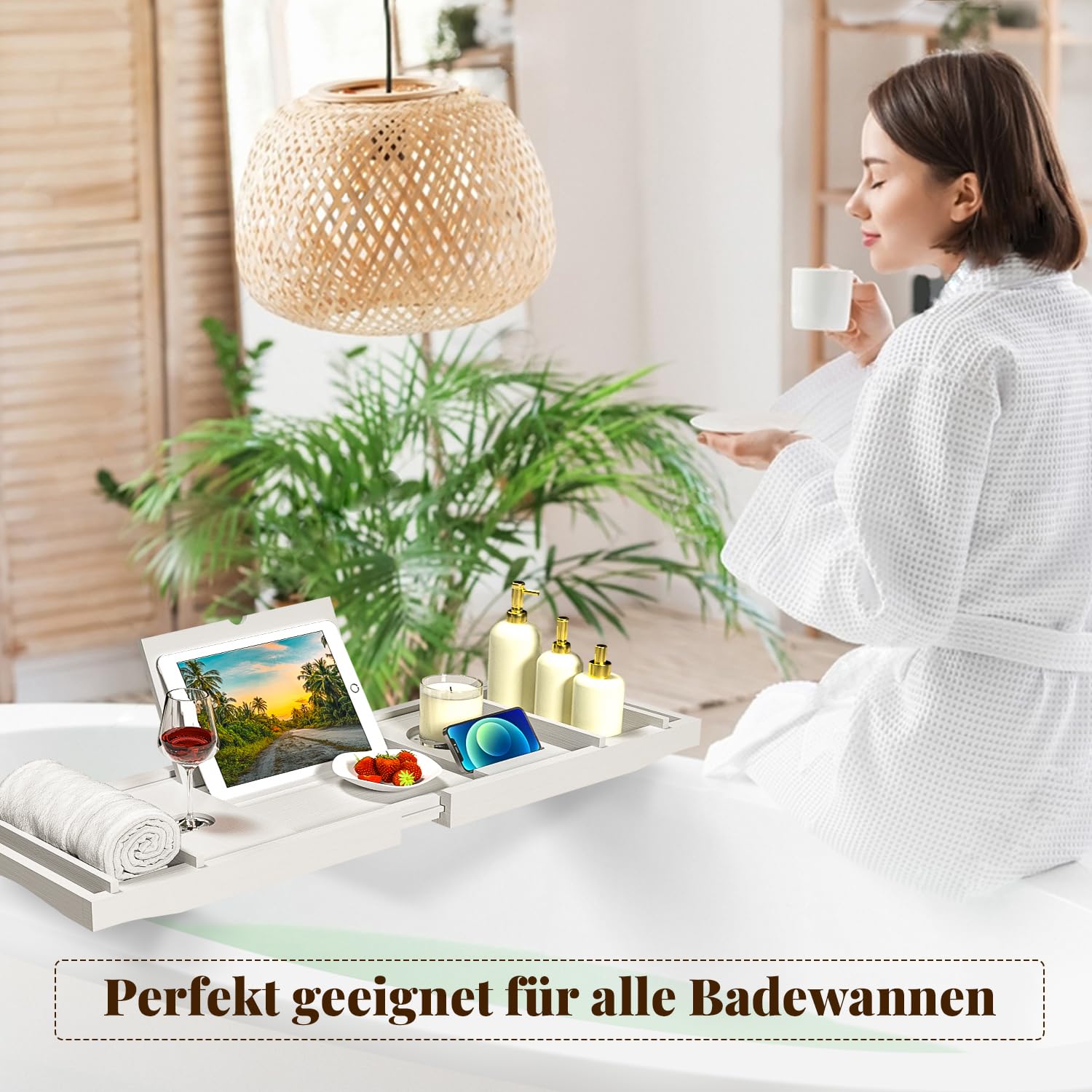 Badewannenablage aus Bambus verstellbares Badewannenbrett Badewannen Ablagen für Ipad und Bücher Badewannentablett mit Getränkehalter, Buchstütze und Weinglas 75-109 * 23 * 4,5cm