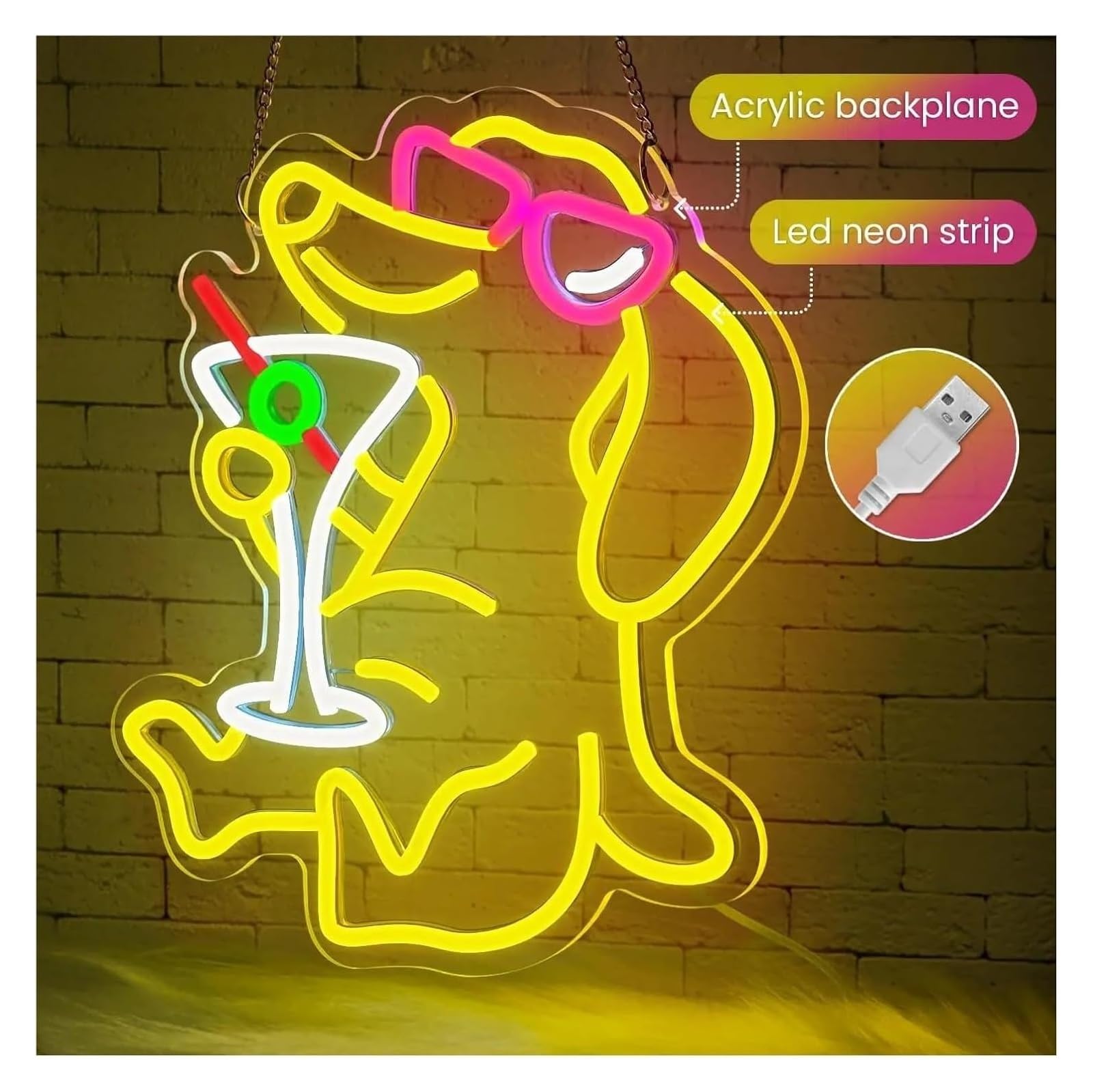 Letrero de neón Letrero de neón con forma perro cóctel, luz regulable, para bar, 34 cm x 32,5