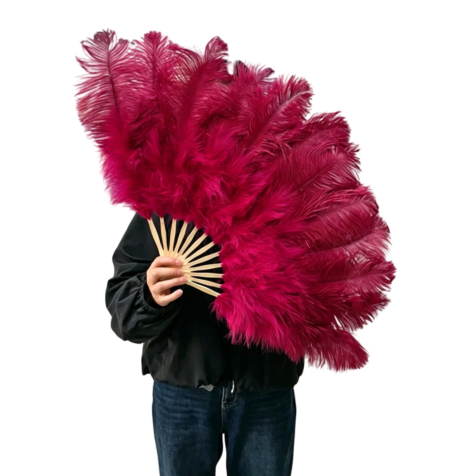 Greabuy Folding Fan with Handle 30cm / 11.8in Handheld Accessory for Theater Shows Wedding Parties and Photos Plume Dance Accessory Folding Fan Theater Costume Wedding Photo Party Decor Stage Show