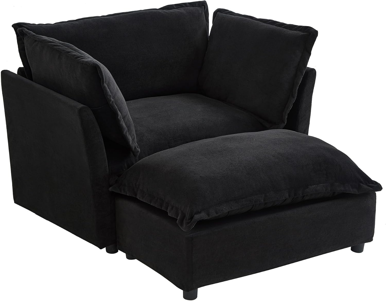 Oversized Accent Sofa Chair with Movable Ottoman, Modern Single Upholstered Chaise Lounge Chair with Wide Seat, Curved Armrests and Soft Pillows for Living Room, Bedroom (Black)