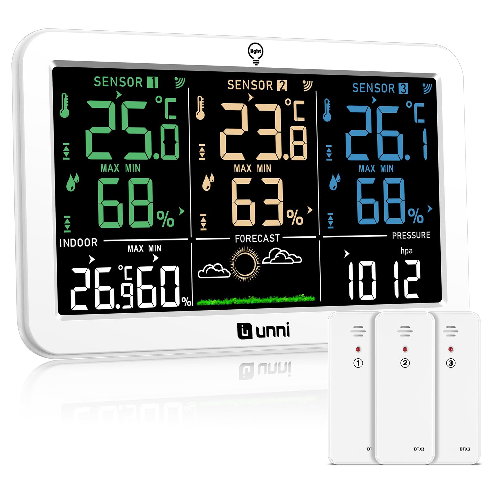 U UNNI Funk Wetterstation mit Außensensor Batterien oder USB betrieben, Funkwetterstation 100M/330FT, °C/°F & Helligkeitsstufen Einstellung