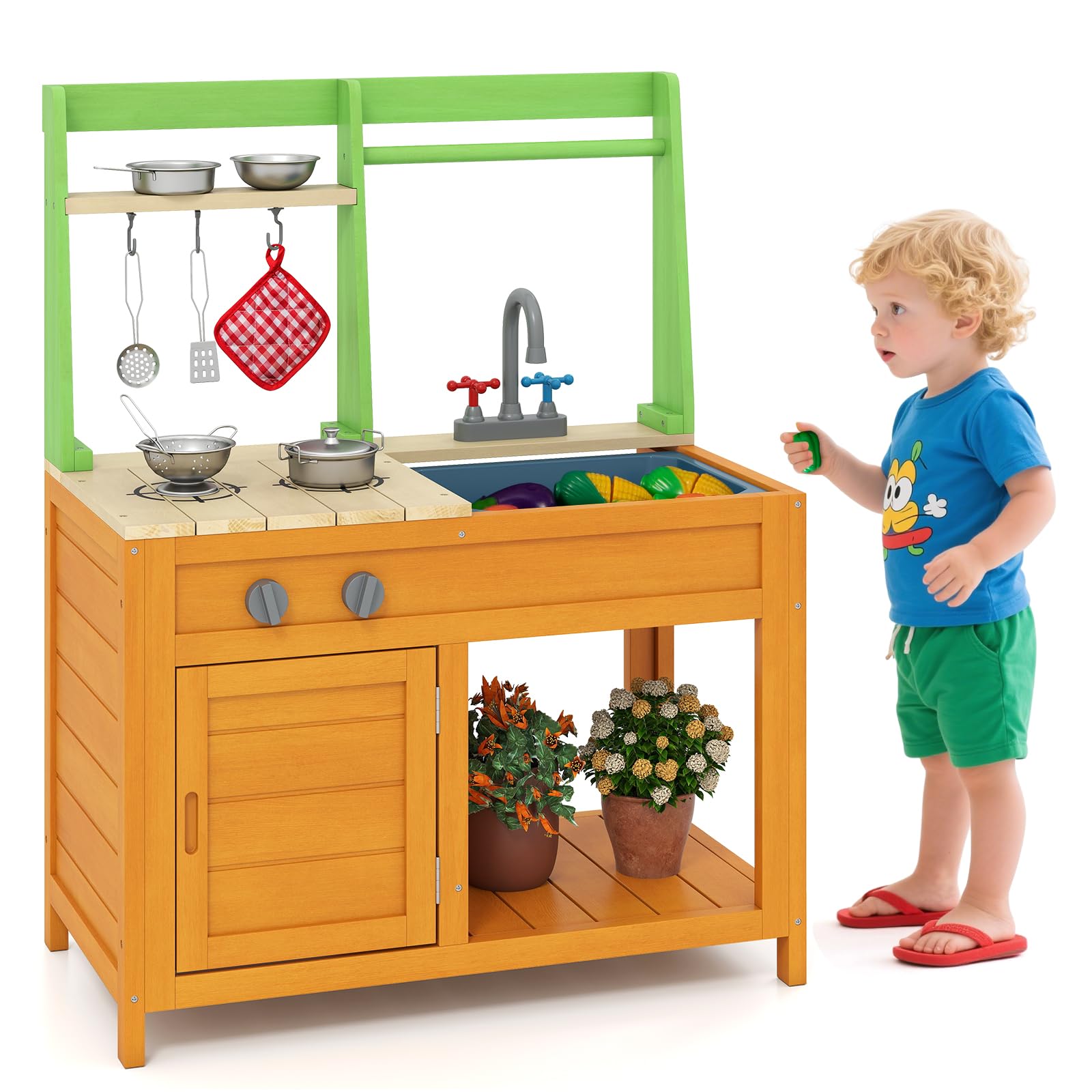 GYMAX Cucina Giocattolo in Legno per Bambini, Cucina da Esterno con Fornelli, Lavello, Rubinetto, Suoni, Accessori Ricchi e Ripiani Aperti, Giocattolo Interattiva per Bambini 3+ Anni