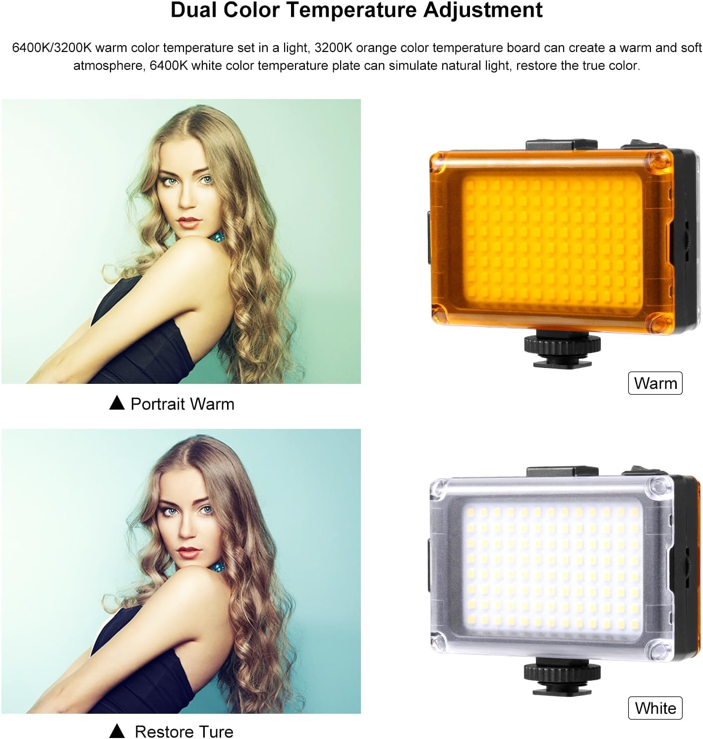 Demonstration of dual color temperature adjustment with the PULUZ Upgrade Video Light, showing warm and white light effects on a portrait