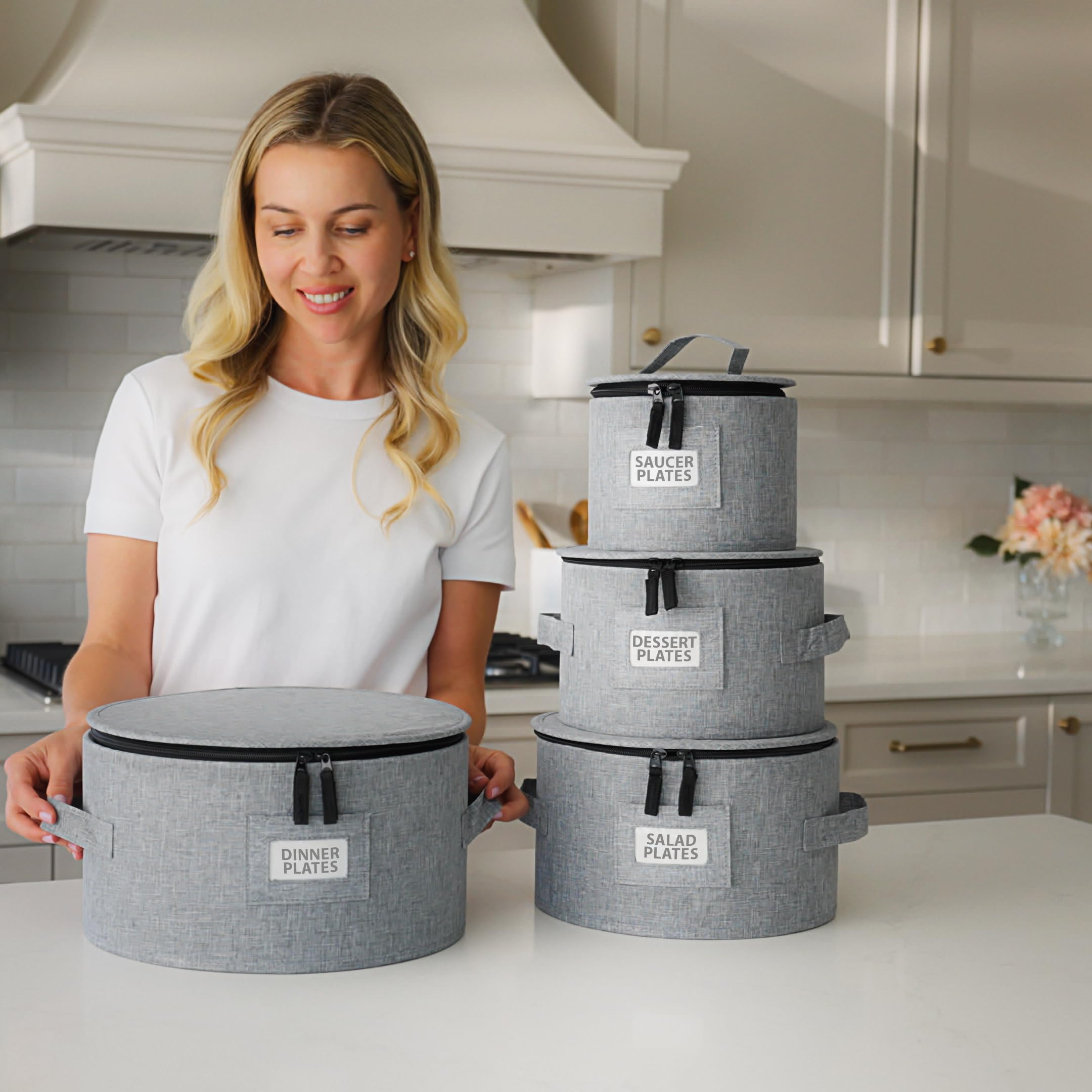 Set mit 4 Porzellan-Aufbewahrungsboxen für Geschirr, Hartschale, stapelbar, Größen: 30,5 cm – 25,4 cm – 21,6 cm und 17,8 cm B – 48 Teller-Trennwände im Lieferumfang enthalten