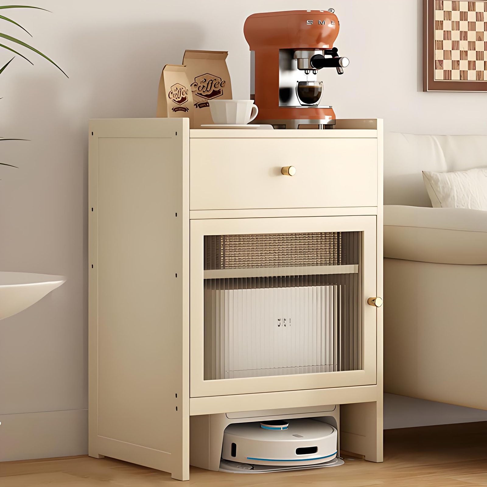 Meuble aspirateur robot peu encombrant avec tiroirs de rangement fonctionnels