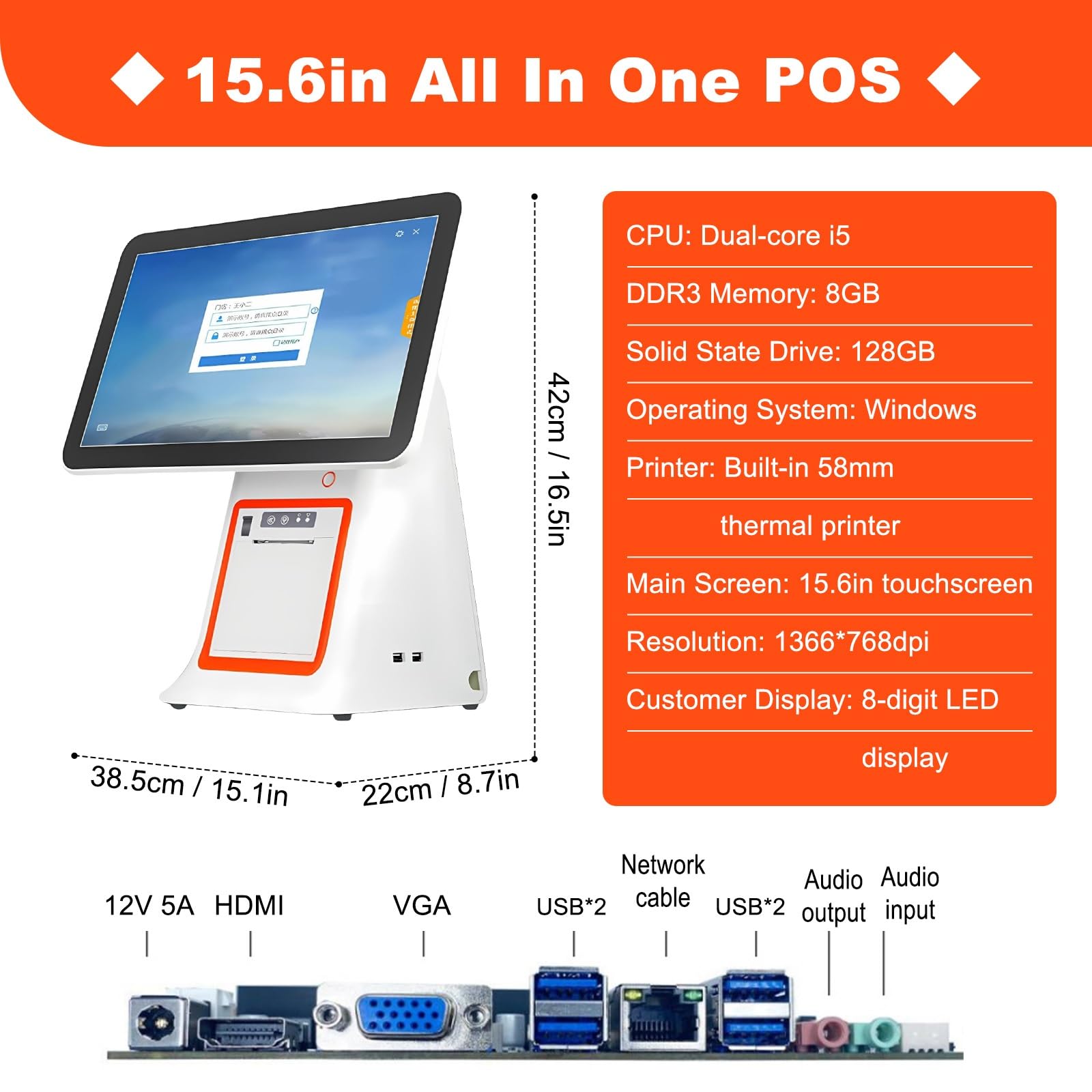 Caisse Enregistreuse Tactile 15.6 Pouces Pos System Tout en Un avec Imprimante Ticket WiFi Bluetooth Point De Vente pour Restaurant Retail Magasin(Black,with 58mm Printer)