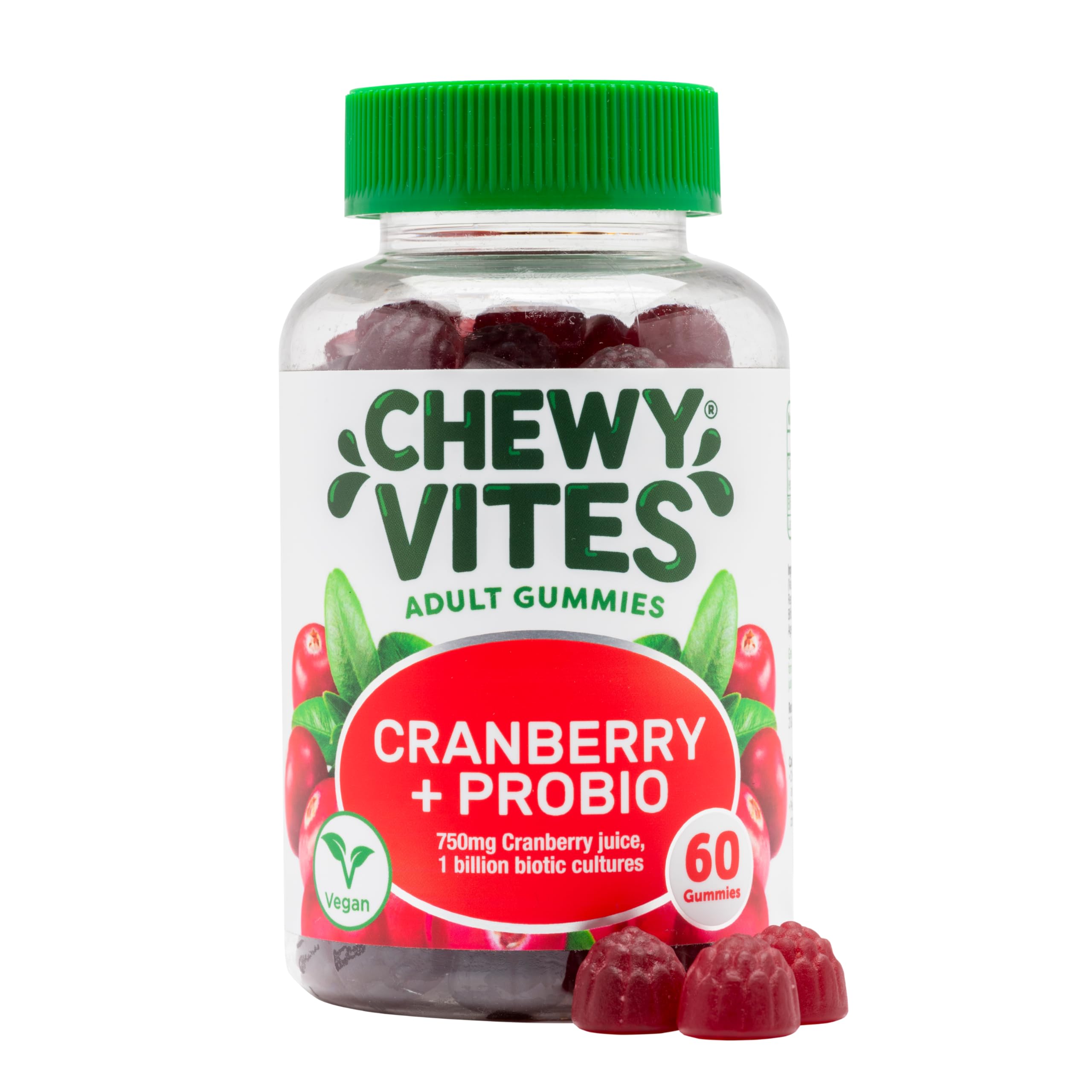Chewy Vites Adult Cranberry Probio, 60 Women's Probiotics Gummies, 1 Billion Biotic Cultures, Cranberry Juice, Vitamin C, 1 Month Supply, Vegan, Real Fruit Juice