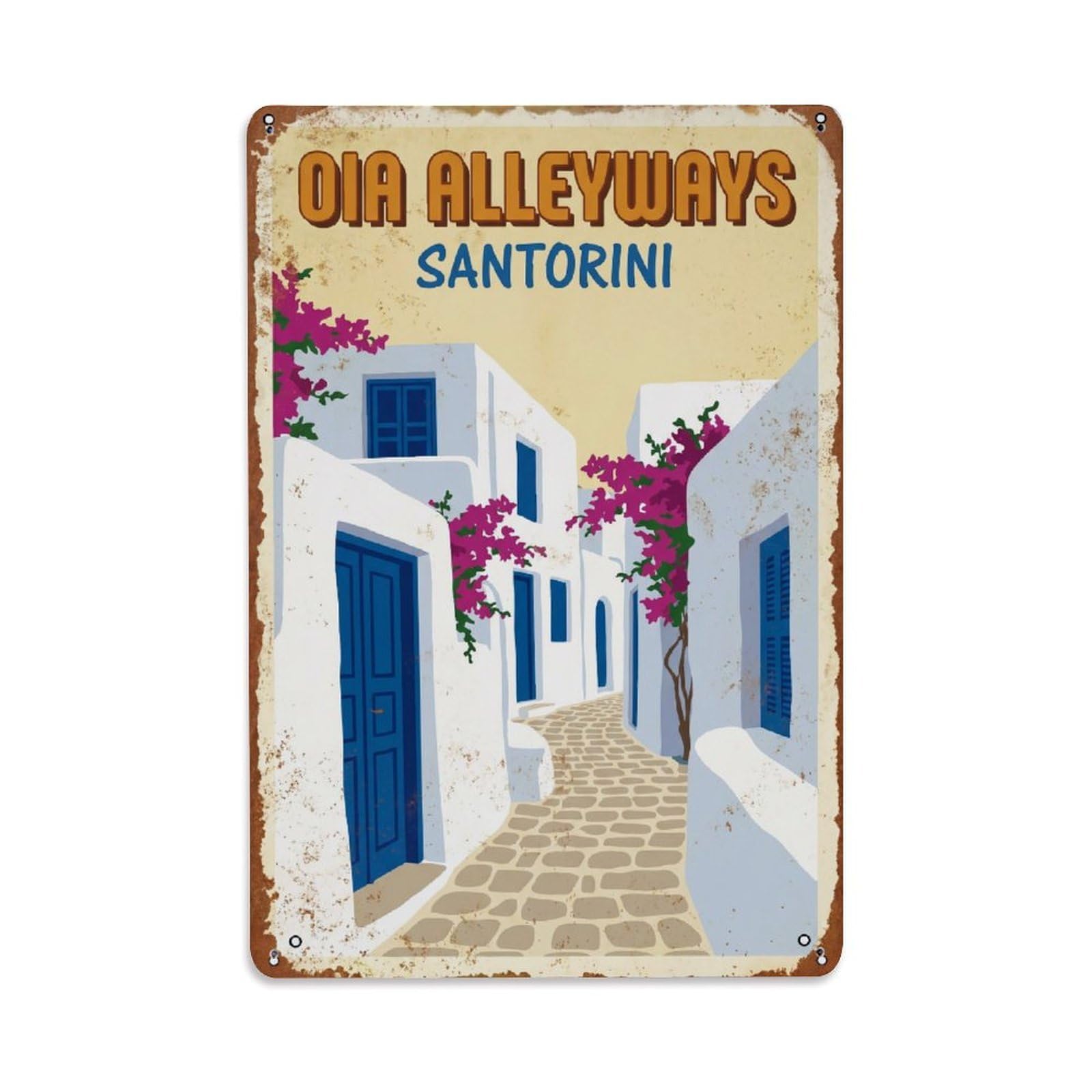 Vintage Travel Oia Santorini Alleyway Metal Tin Sign