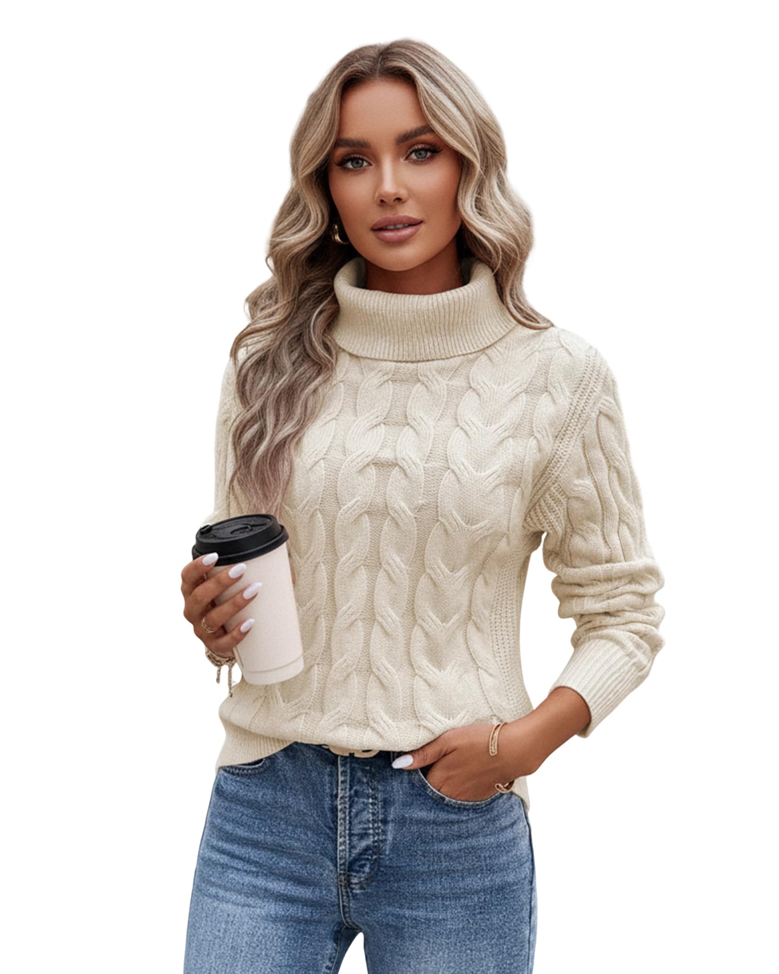 Womens Cable Knit Turtleneck Sweater Cozy Chunky Long Sleeve Sweaters Fall Warm Winter Knitwear Pullover Tops Apricot