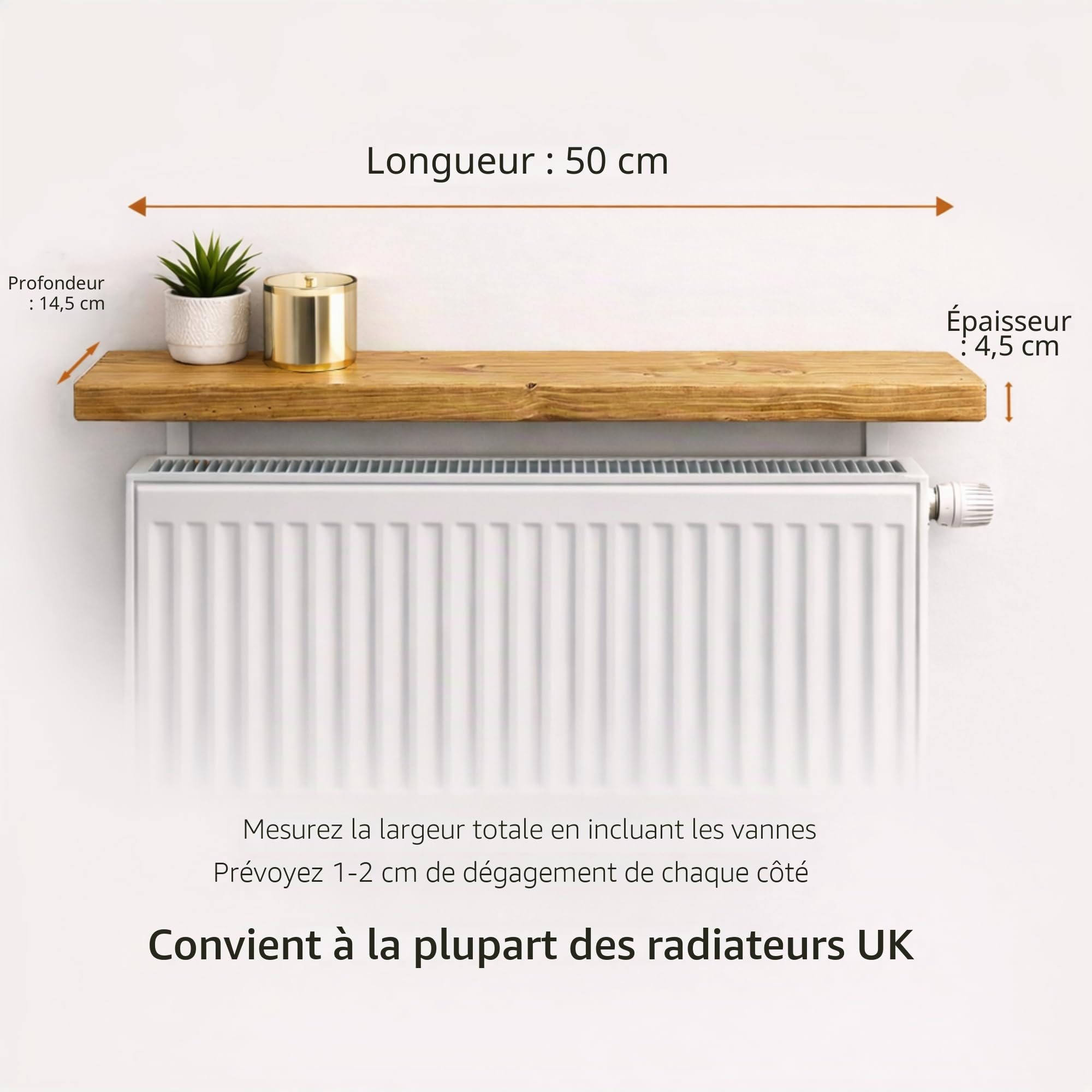 MKGT Étagère pour radiateur sans perçage | Étagère étroite et élégante rustique pour couloir (Pin rustique, 50 cm)