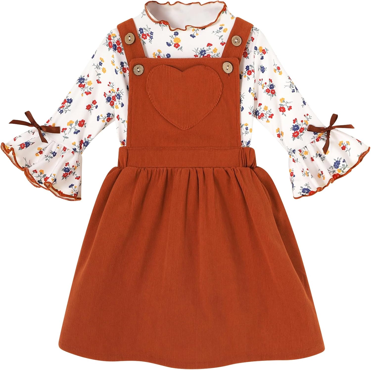 Toddler Baby Girl Fall Overall Dress 3/4 Flare Sleeve Shirt Corduroy Skirt Jumper 2Pcs Autumn Outfit Sets 1-5T
