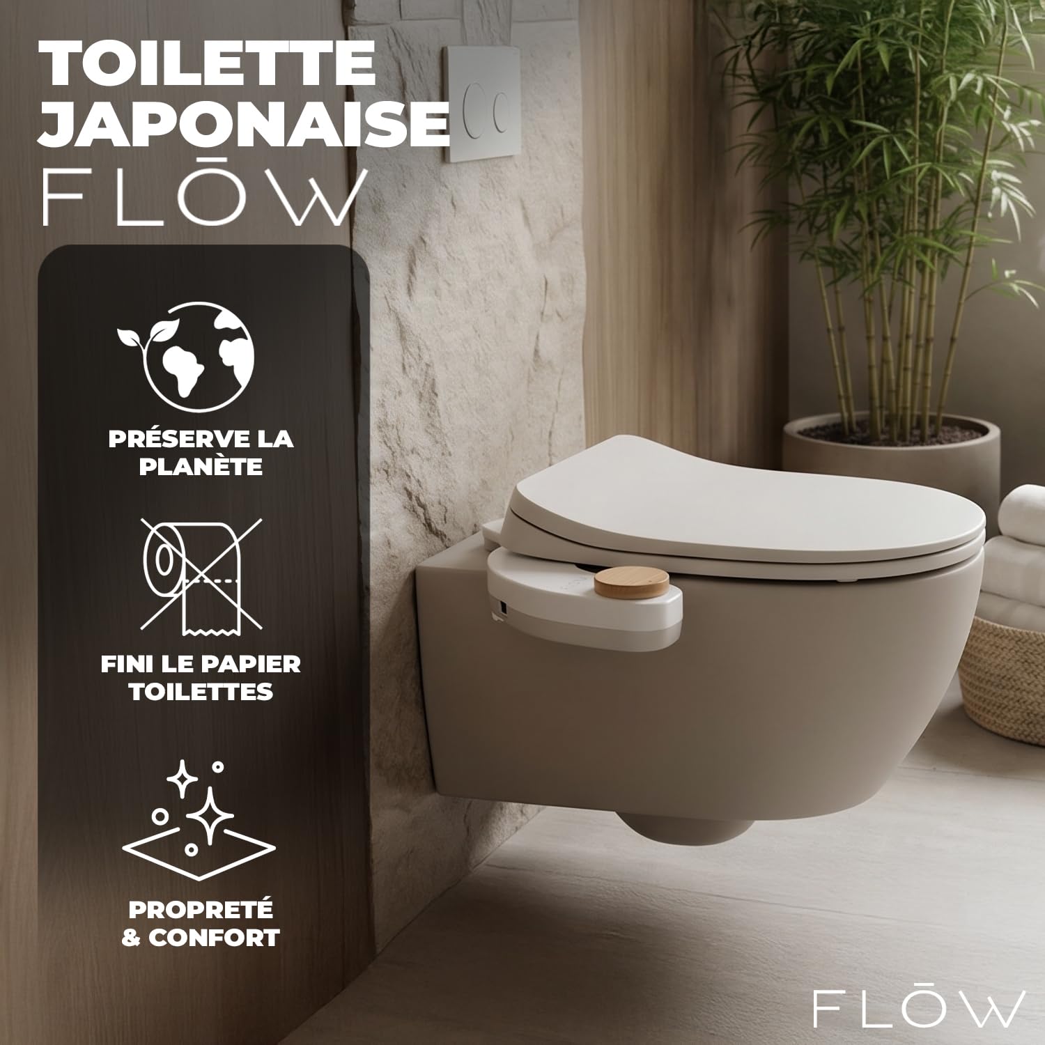 Flow® | Toilette Japonaise avec Douchette Intégrée | Bidet WC Double Buse avec Mode Féminin | Pression Réglable | Kit Complet sans Électricité | Installation Facile | OriginalCorner®