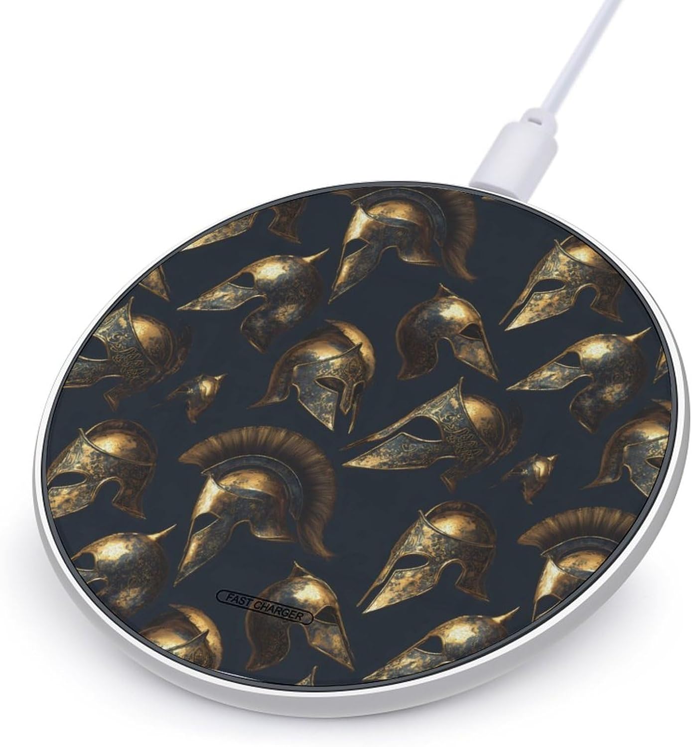 Golden Greek Helmet Spartan Pattern Cute Charger Pad 10W Fast Charging Stand with USB Cable