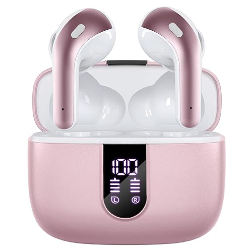 TAGRY Bluetooth Headphones True Wireless Earbuds 60H Playback LED Power Display Earphones with Wireless Charging Case IPX5 Waterproof in-Ear Ear buds with Mic for TV Smart Phone Laptop Computer Sports - M - Pink