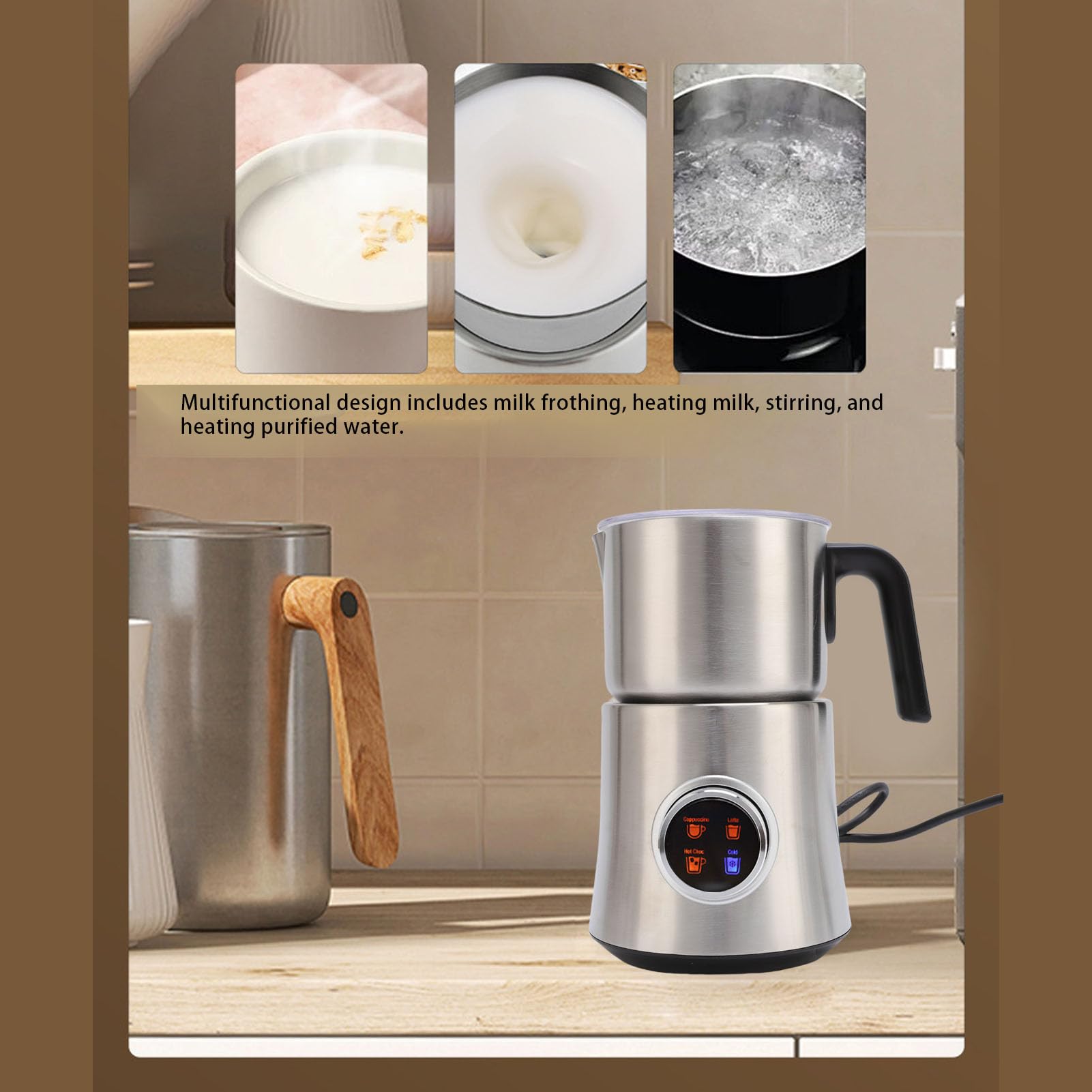 Pssopp 4 en 1 Batidor de Leche, 900ml Desmontable Acero Inoxidable Leche Calentador Jarra para café Latte Cappuccino Chocolate Caliente (EU enchufe 220-240V)